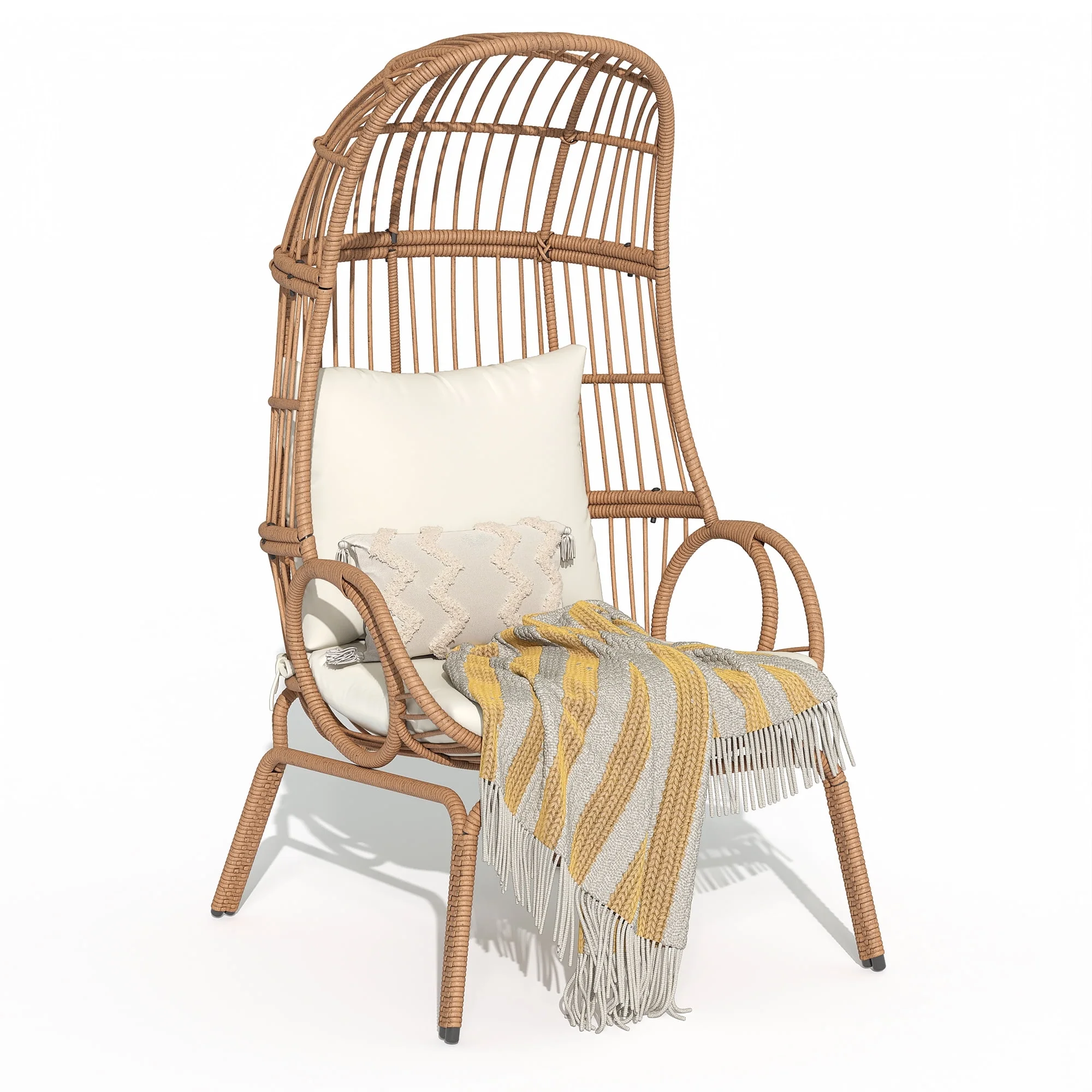 Dextrus Wicker Egg Chair Outdoor Indoor Oversized Lounger with Stand and Cushions Egg Basket Chair for Patio Backyard Porch – Beige