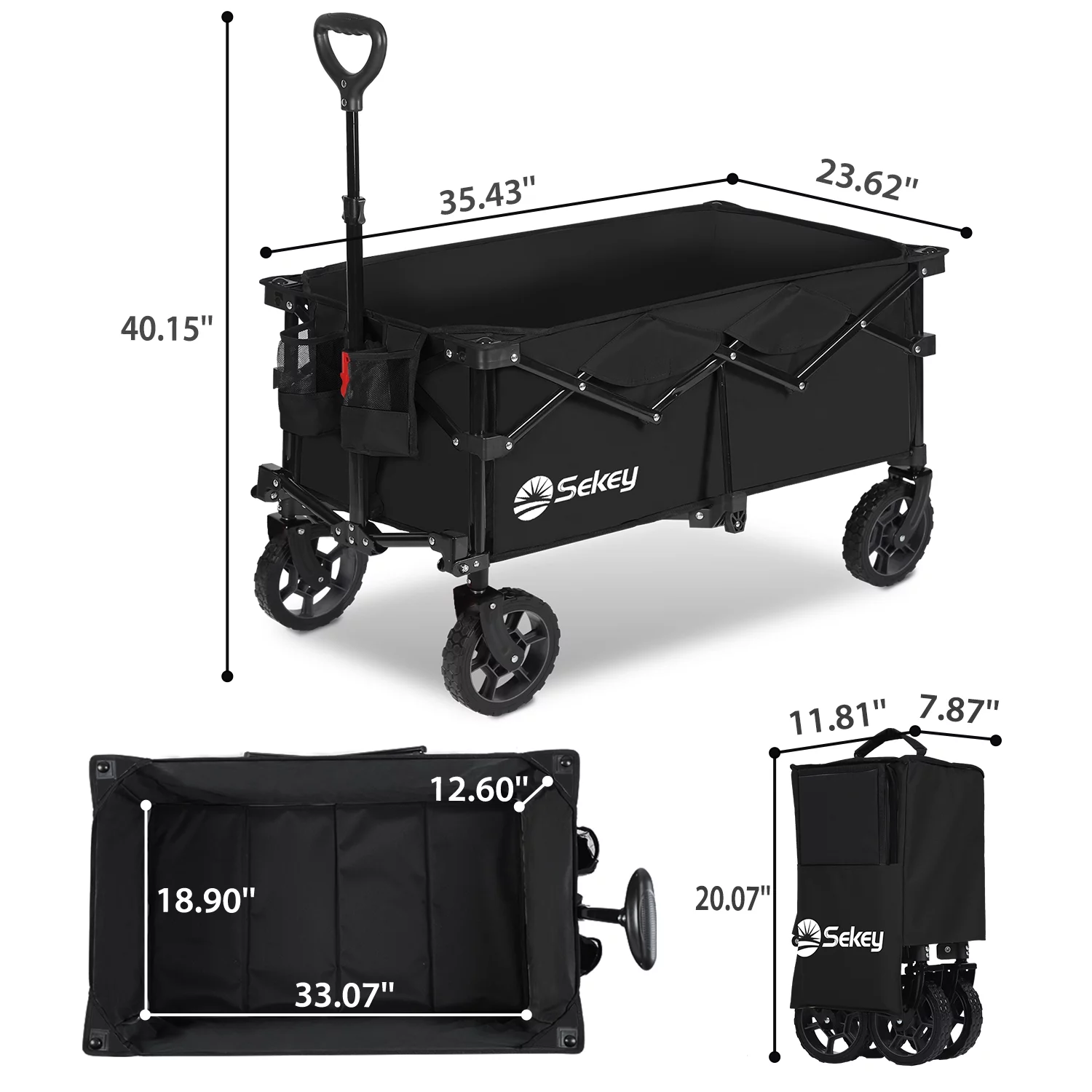 Sekey Heavy Duty Foldable Wagon with 330lbs Weight Capacity, 200L Collapsible Adjustable Handle Folding Garden Cart with Big All-Terrain Beach Wheels, Black