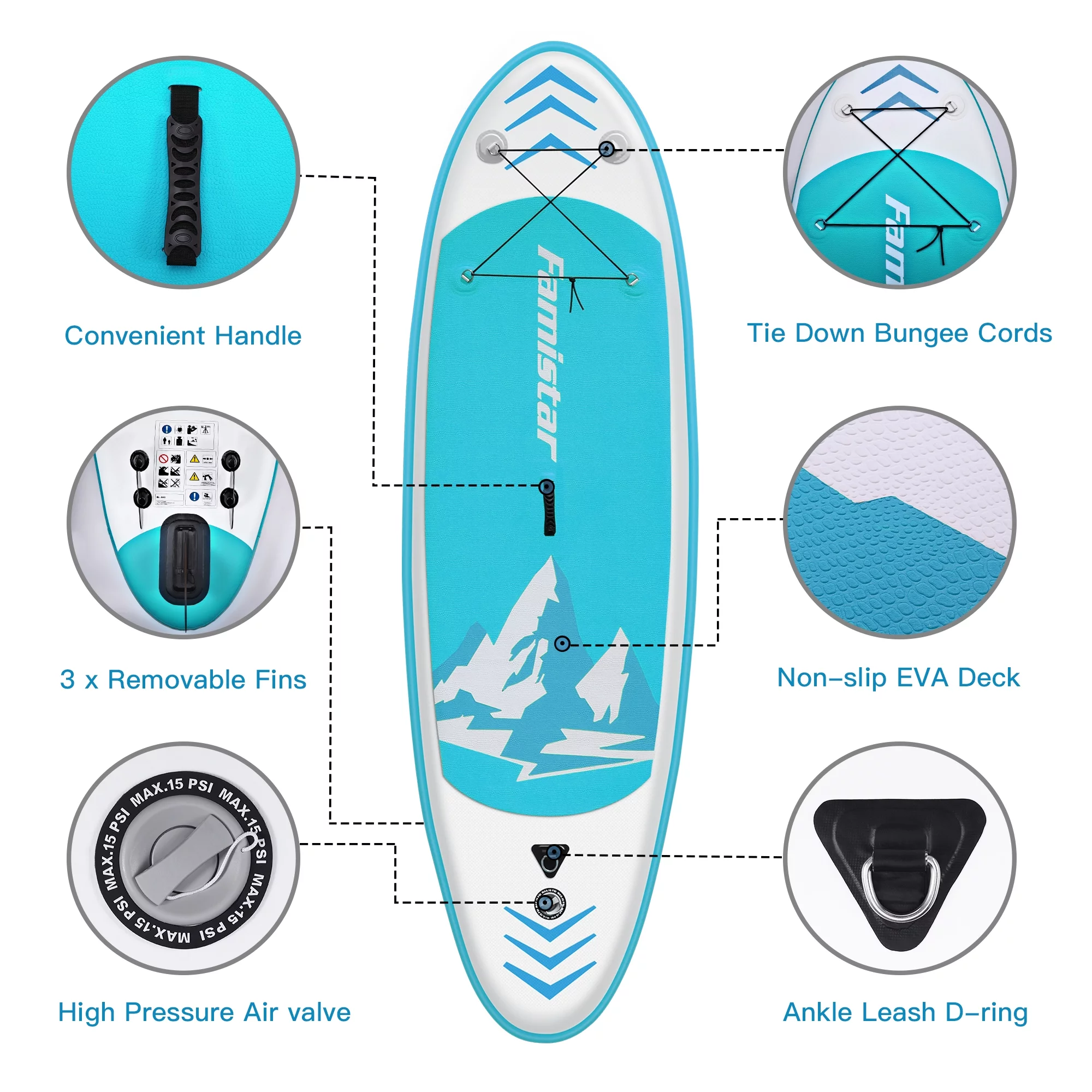 Famistar 10′ Inflatable Stand Up Paddle Board (6″Thick) with SUP/ 3 Pins | Wide Stance, Bottom Fin for Paddling, Surf Control, Non-Slip Deck |Youth & Adult Standing Boat-Blue