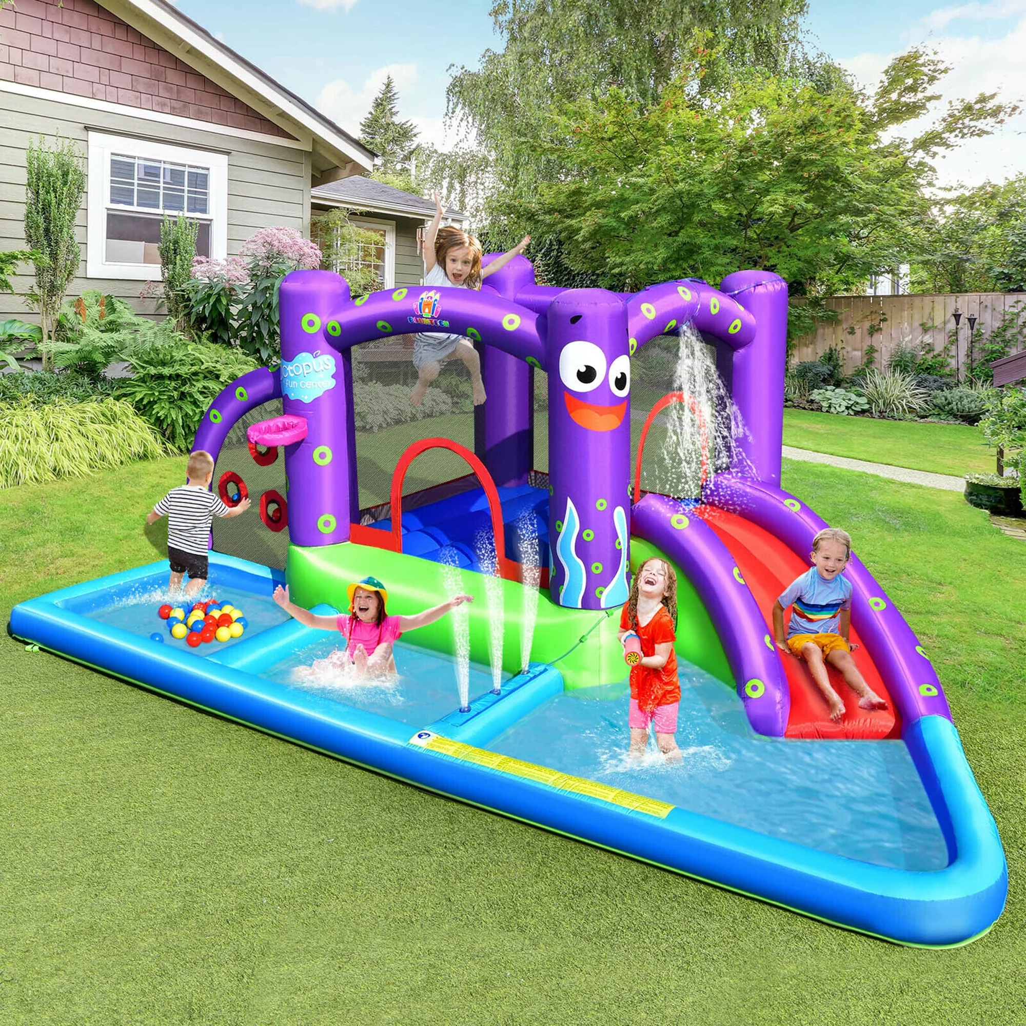 Gymax Inflatable Water Slide Castle Kids Bounce House w/ Octopus Style Blower Excluded