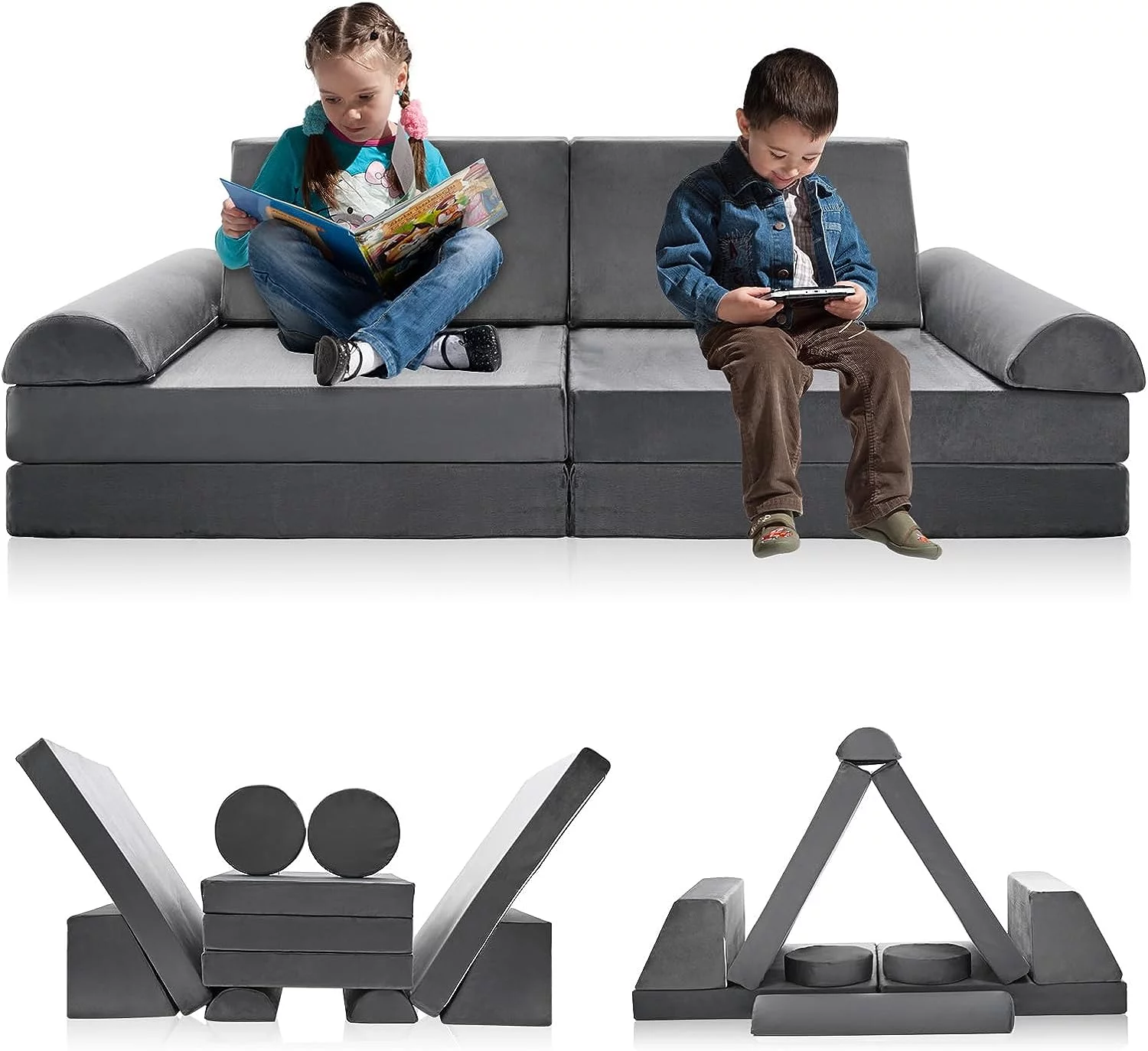 Slsy 10-Piece Kids Couch Sofa, Modular Toddler Couch for Playroom Bedroom, Convertible Foam and Floor Cushion for Playing, Creativing, Sleeping, Gray