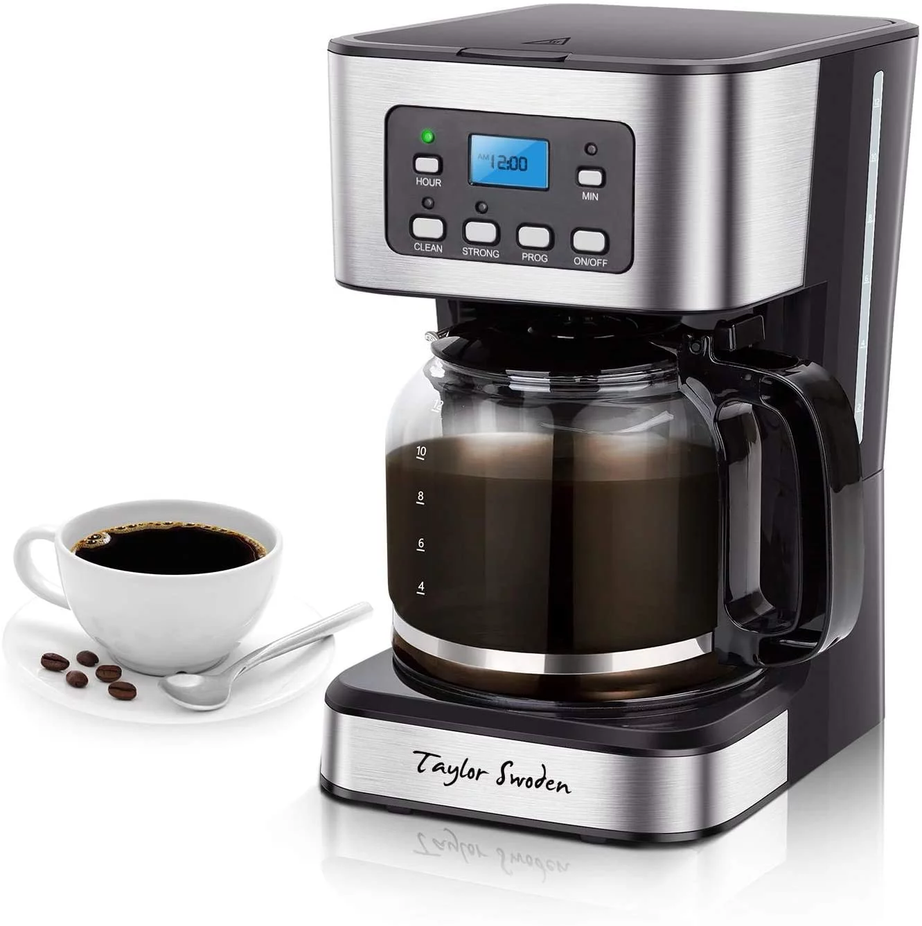 Programmable Coffee Maker, 4-12 Cups Drip Coffee Machine with Glass Carafe, Regular & Strong Brew, Pause & Serve for Home and Office, Taylor Swoden