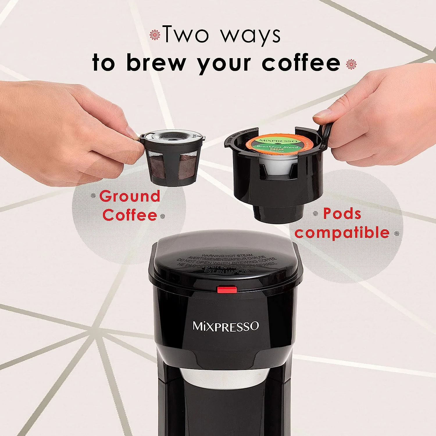 Mixpresso 2 in 1 Single Serve Coffee Machine Mini Coffee Maker Compact K Cup Compatible, Black 14 Oz