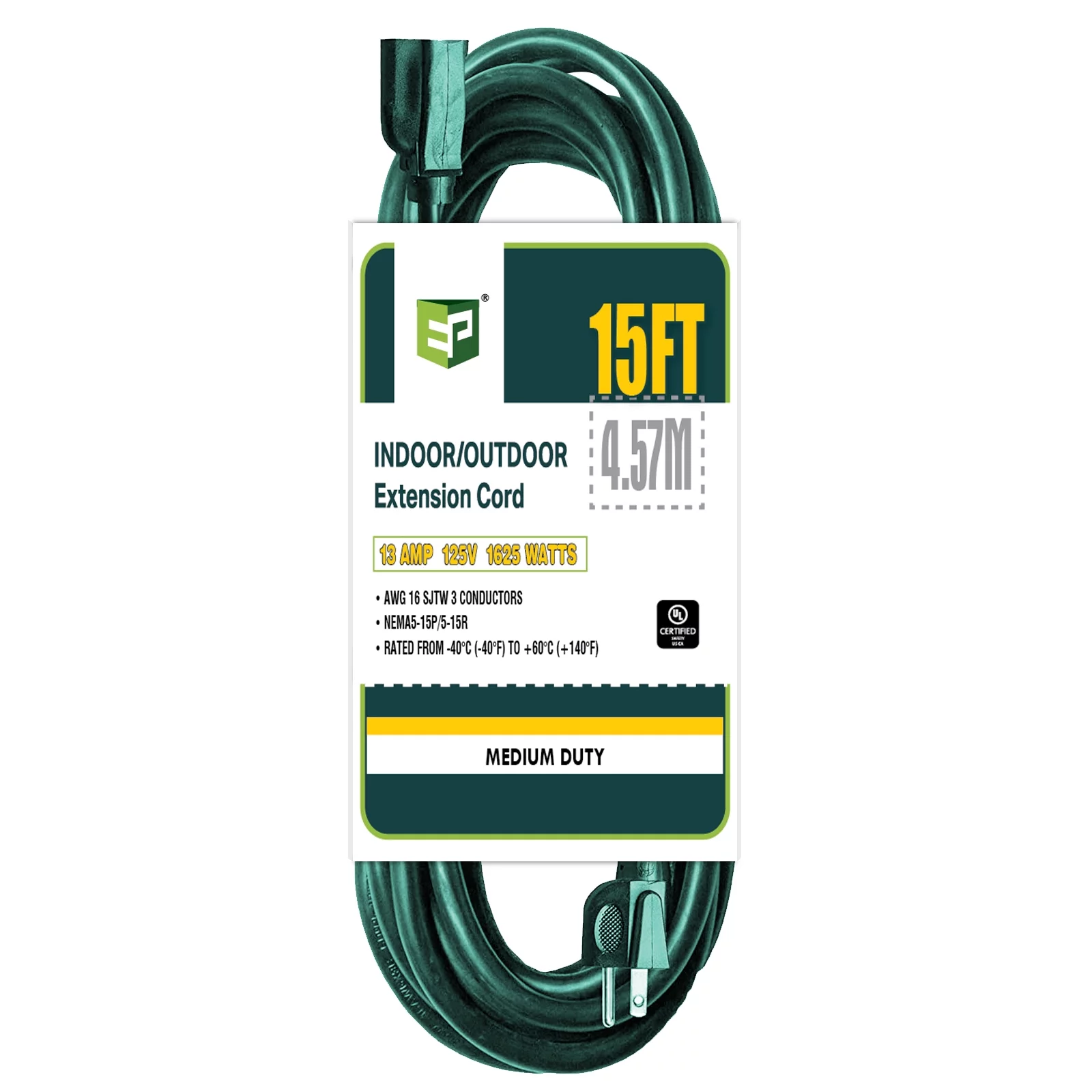 EP 15 Ft Green 16/3 SJTW Extension Cord – Outdoor/Indoor Durable Electrical Cable