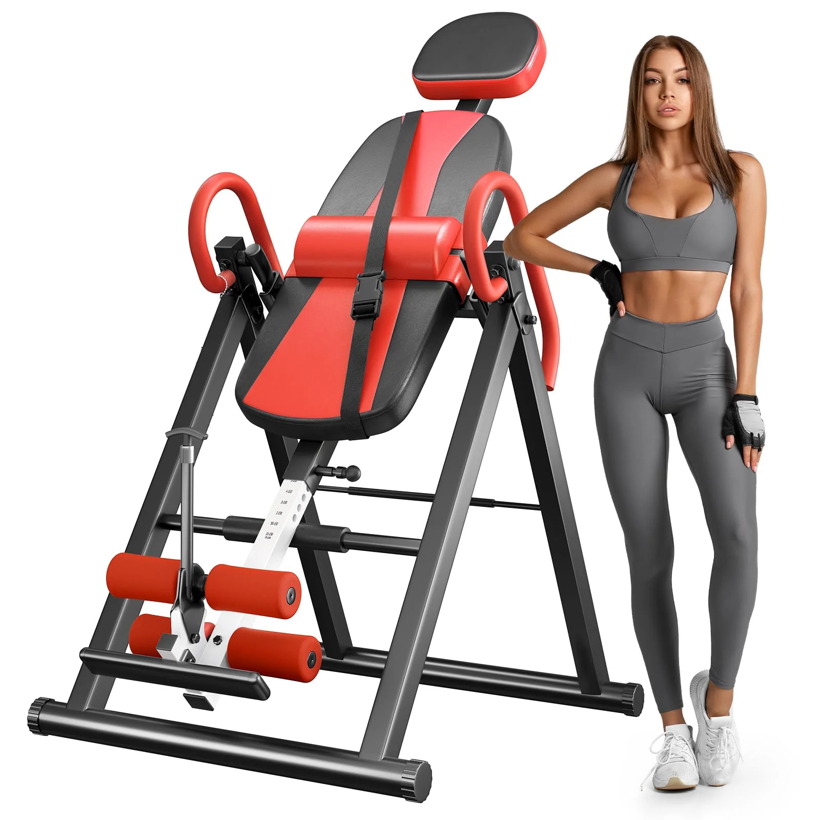 Heavy Duty Inversion Table,300 Lbs Capacity with Adjustable Protective Belt,0??-85??Foldable Save 70% Space Inversion Table for Back Pain Relief,Red