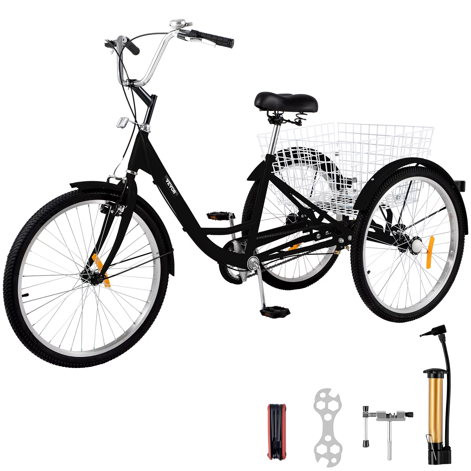 VEVOR Adult Tricycle 7 Speed Wheel Size Cruise Bike 26in Adjustable Trike with Bell, Brake System Cruiser Bicycles Large Size Basket for Shopping