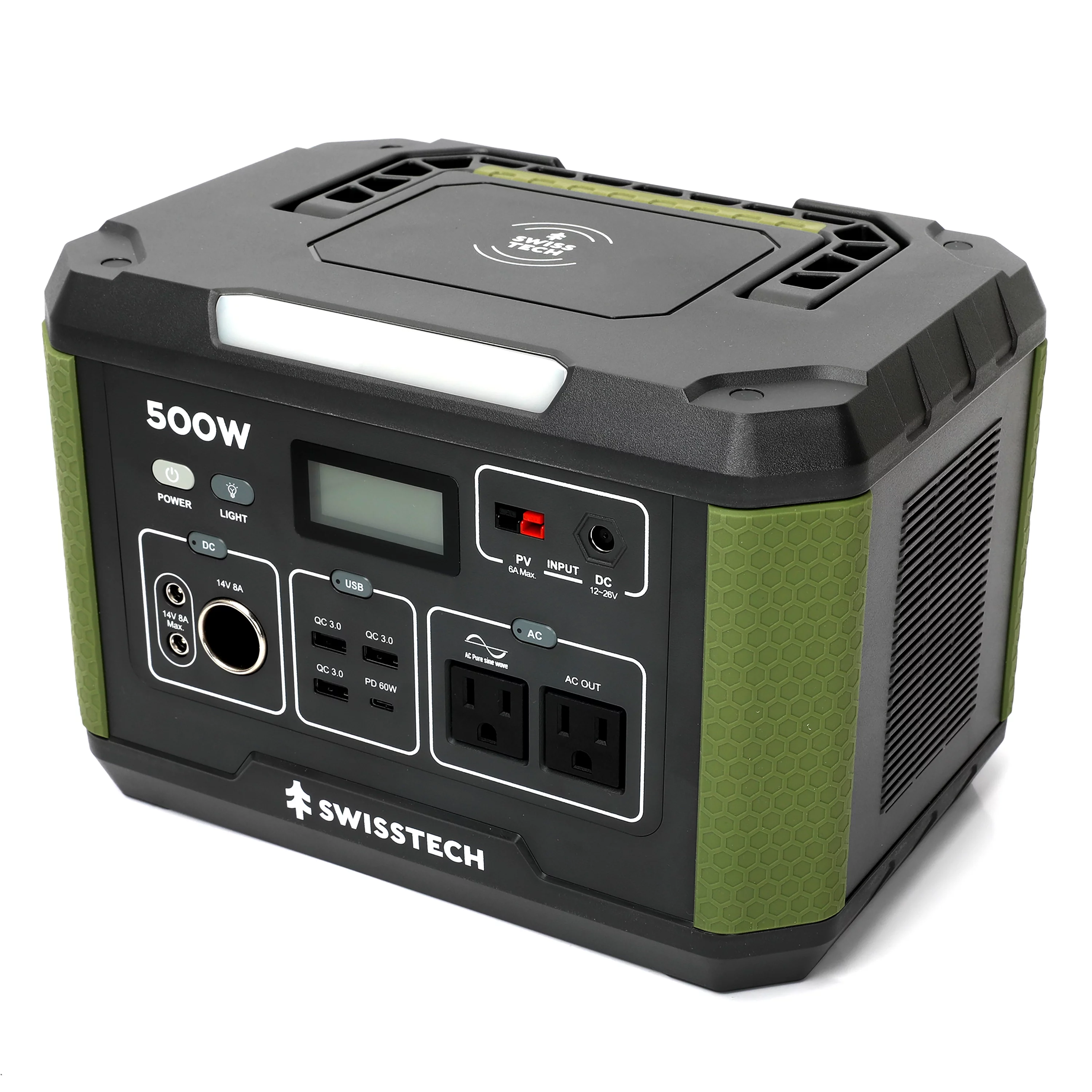 Swiss Tech 500W Portable Power Station, 519.4Wh, Solar Powered Battery for Camping and Travel Emergency