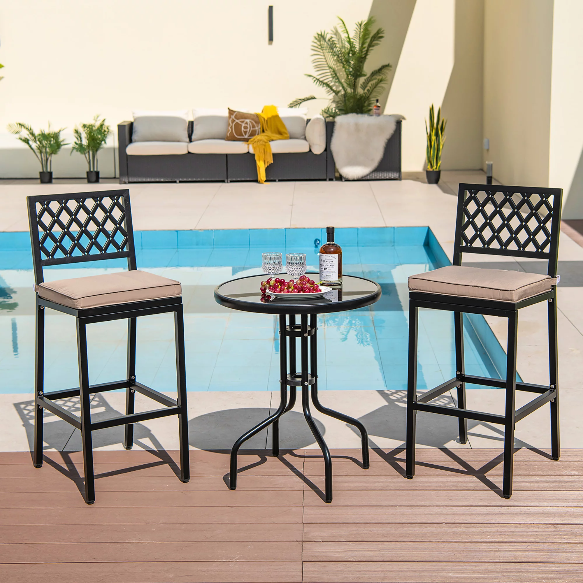 Costway Set of 2 Outdoor Bar Height Dining Chairs Patio Metal Bar Stools  with Cushion