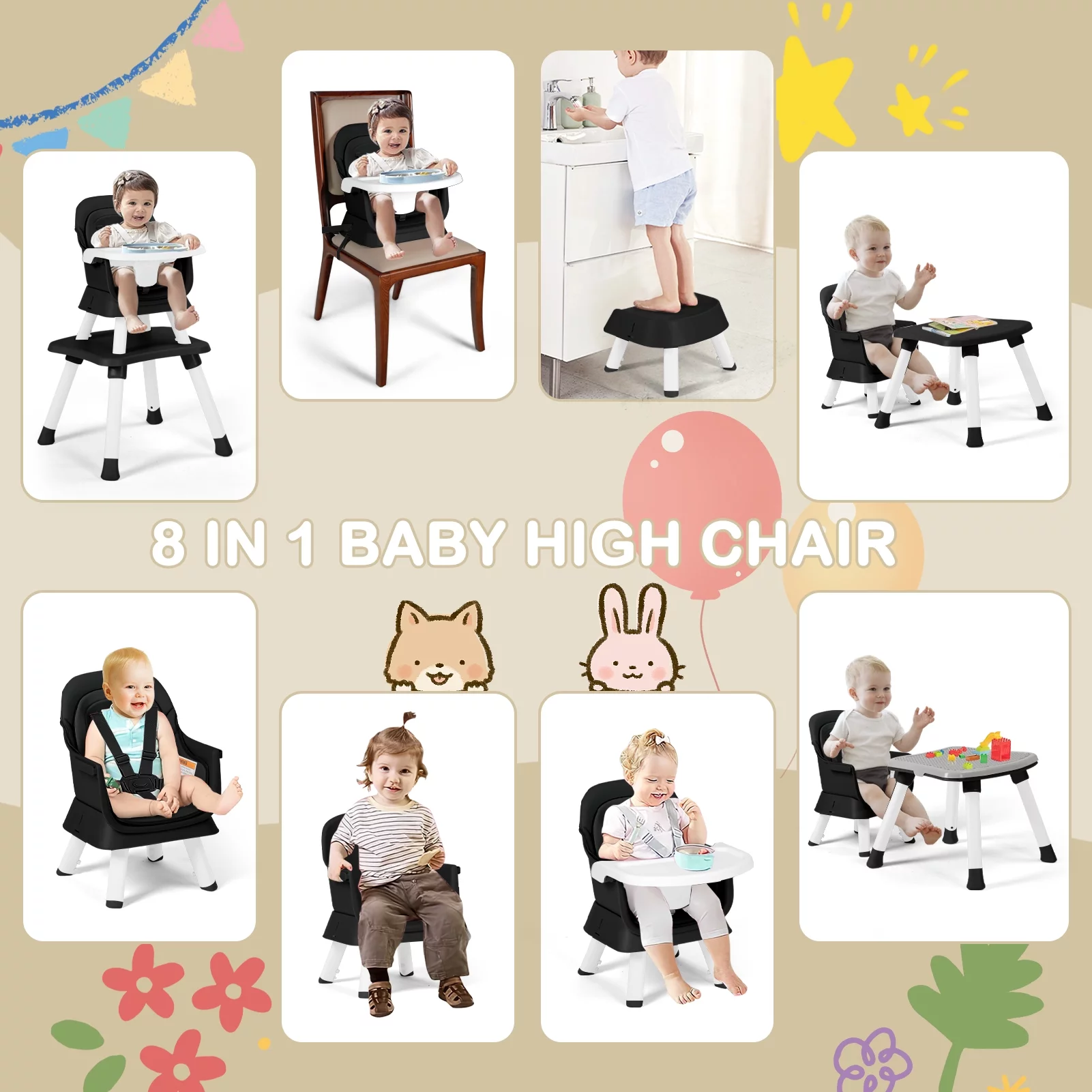 AILEEKISS 8 in 1 Baby High Chair, Toddler Dining Booster Seat for Eating, Black