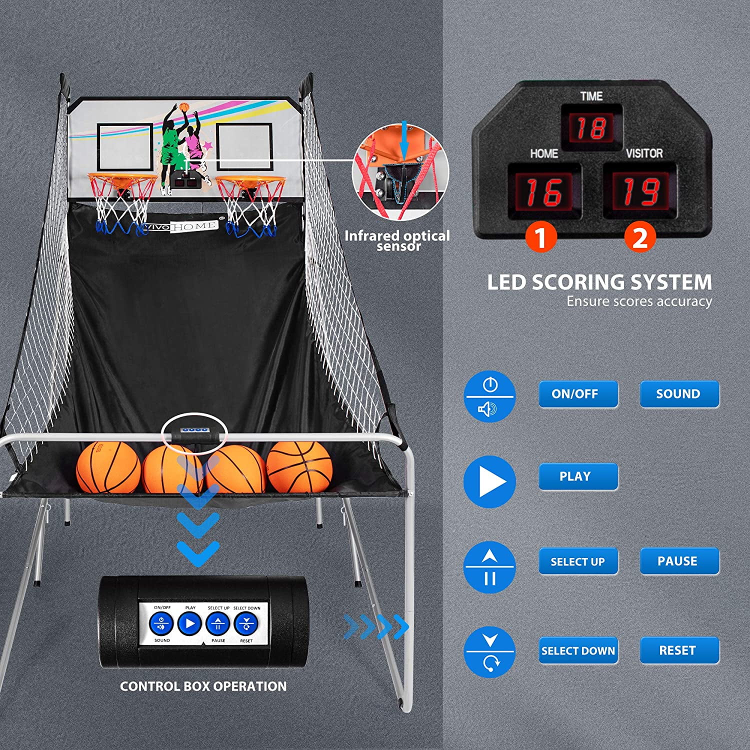 SPECSTAR Foldable Arcade Basketball Game for 2 Players with 4 Balls and LED Scoring System