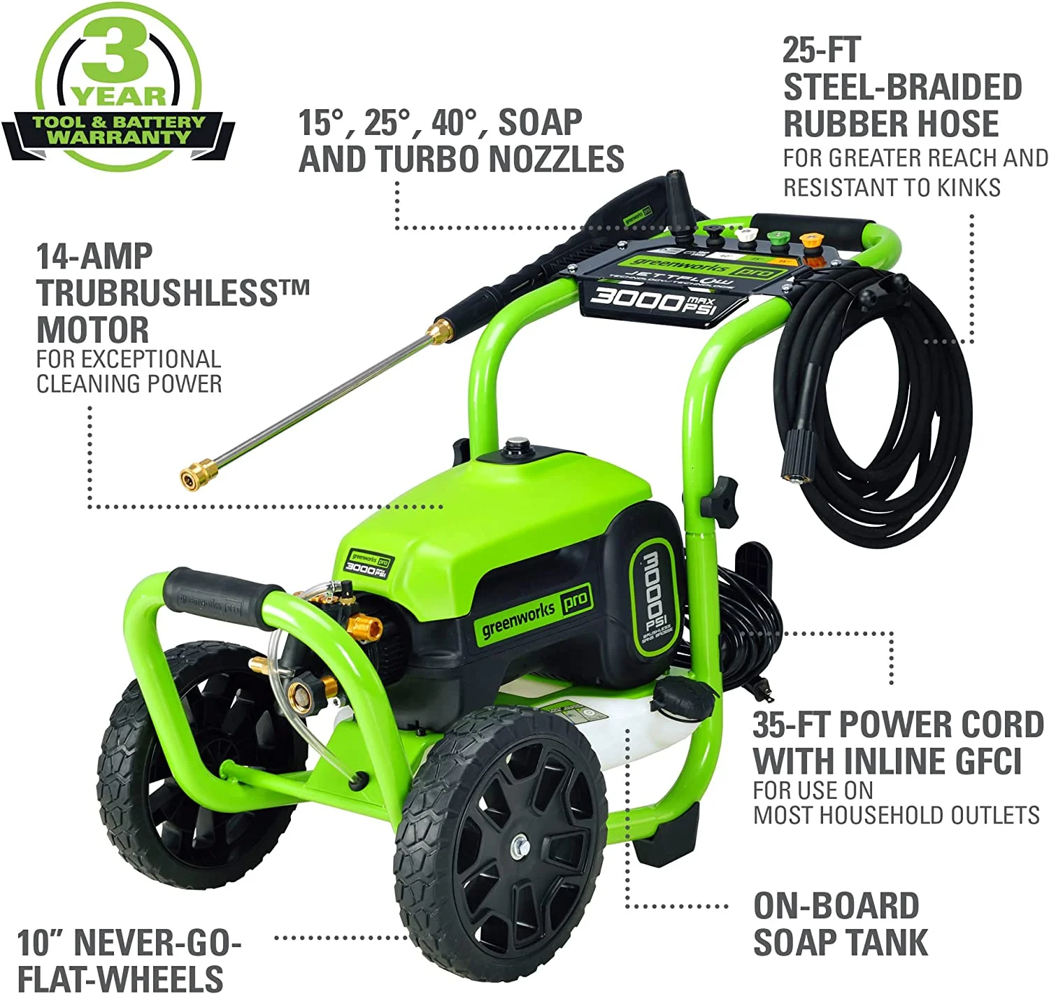 Greenworks 3000 PSI (1.1 GPM) TruBrushless Electric Pressure Washer (PWMA Certified)