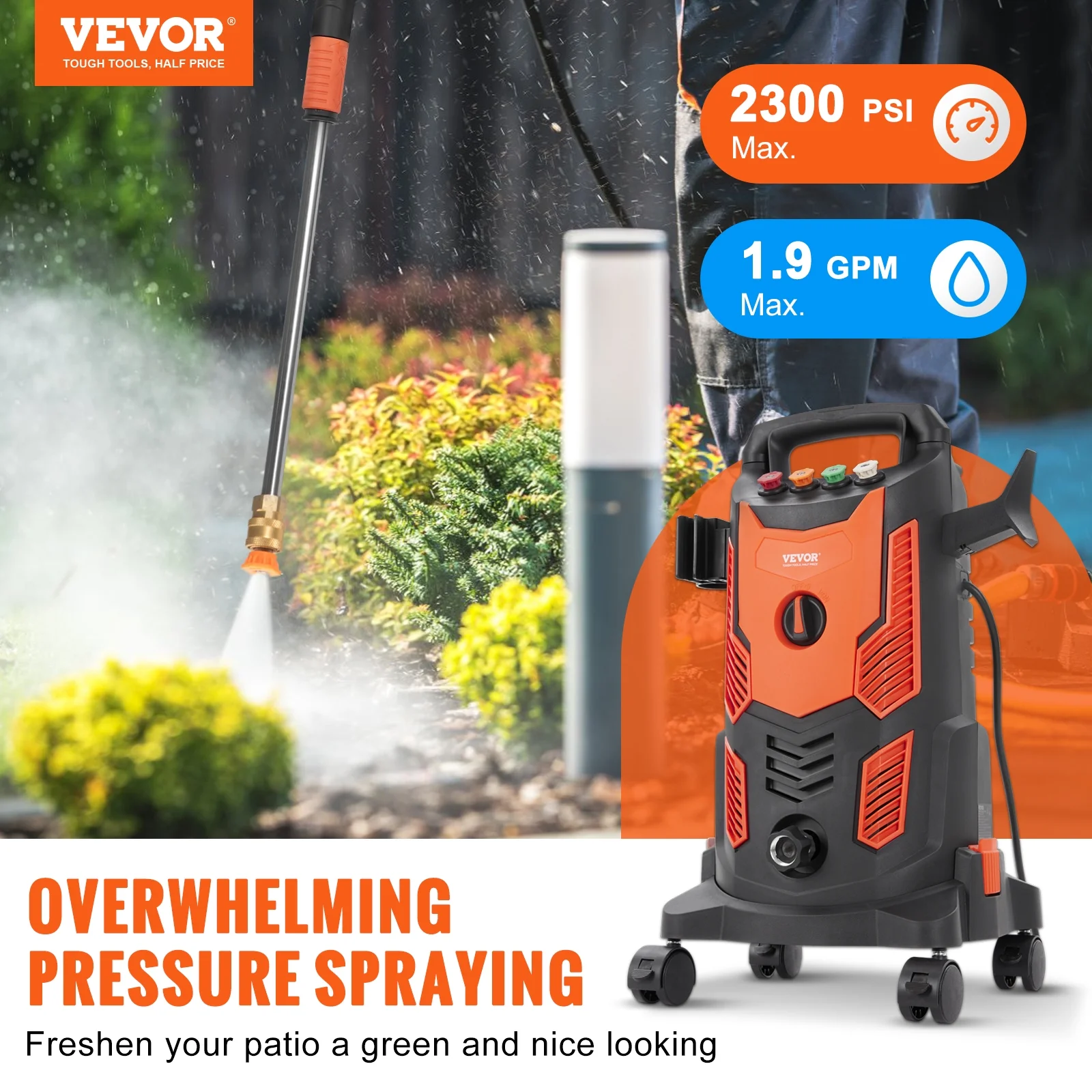 SKYSHALO Electric Pressure Washer 2300 PSI 1.9 GPM 1900W Cold Water Wheeled