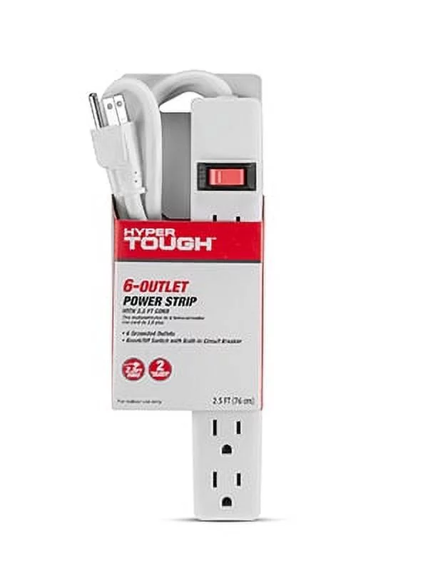 Hyper Tough 6 Outlet Power Strip with 2.5 ft Cord, White, Single Pack, 125V, 15A