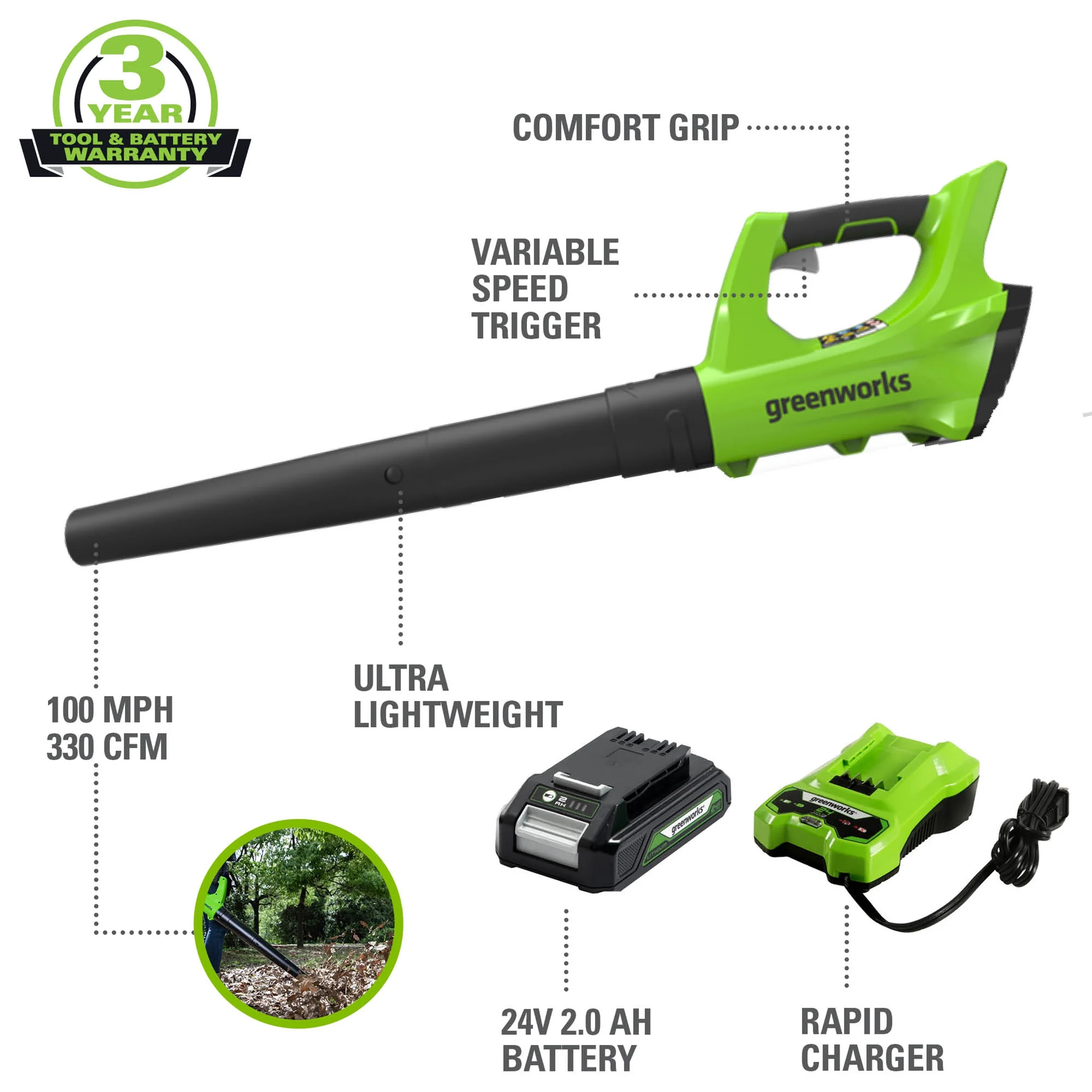 Greenworks 24V Cordless String Trimmer and Blower Combo, 2Ah Battery and Charger Included