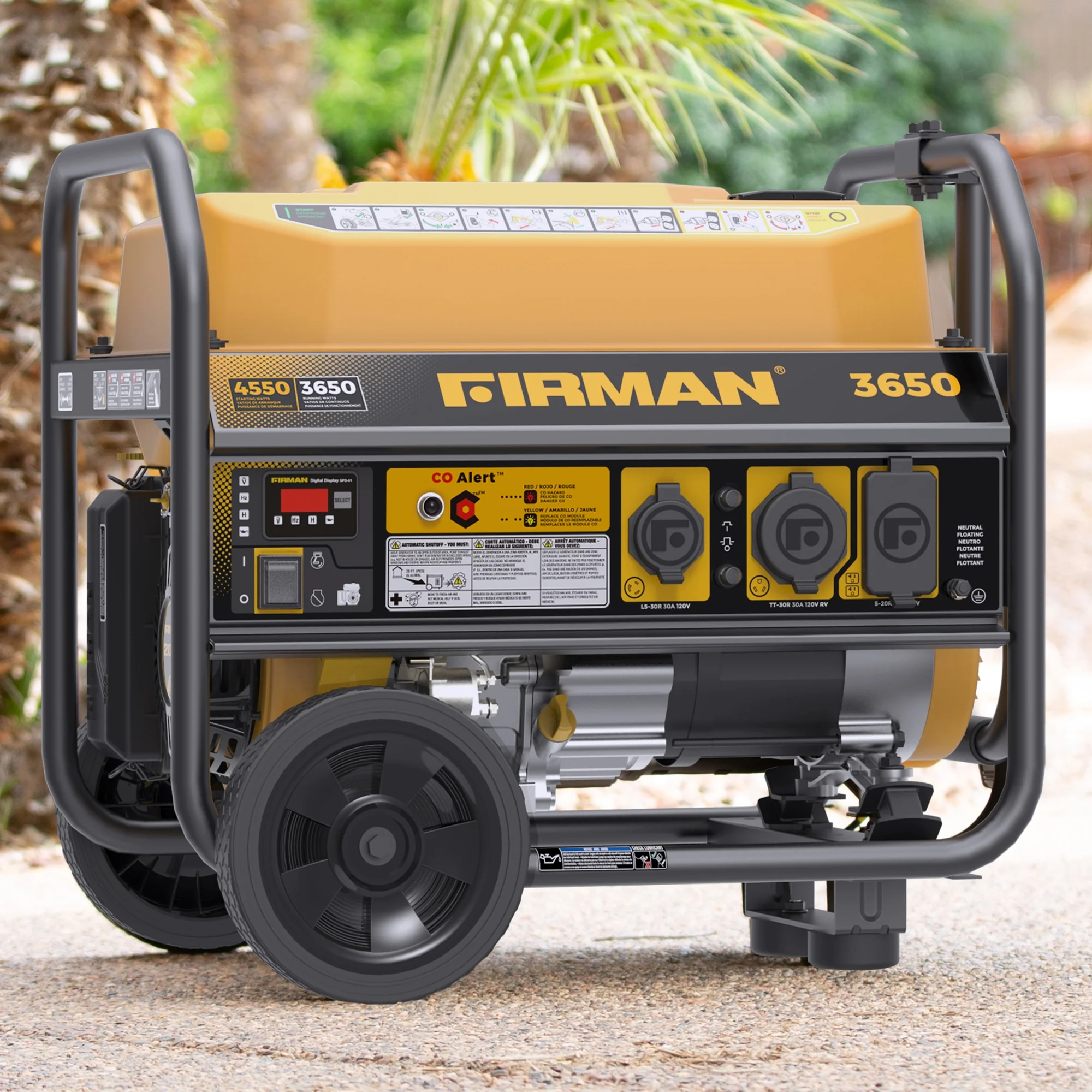 FIRMAN P03613 4550/3650 Watt Gas Portable Generator equipped with CO shutoff alert system.