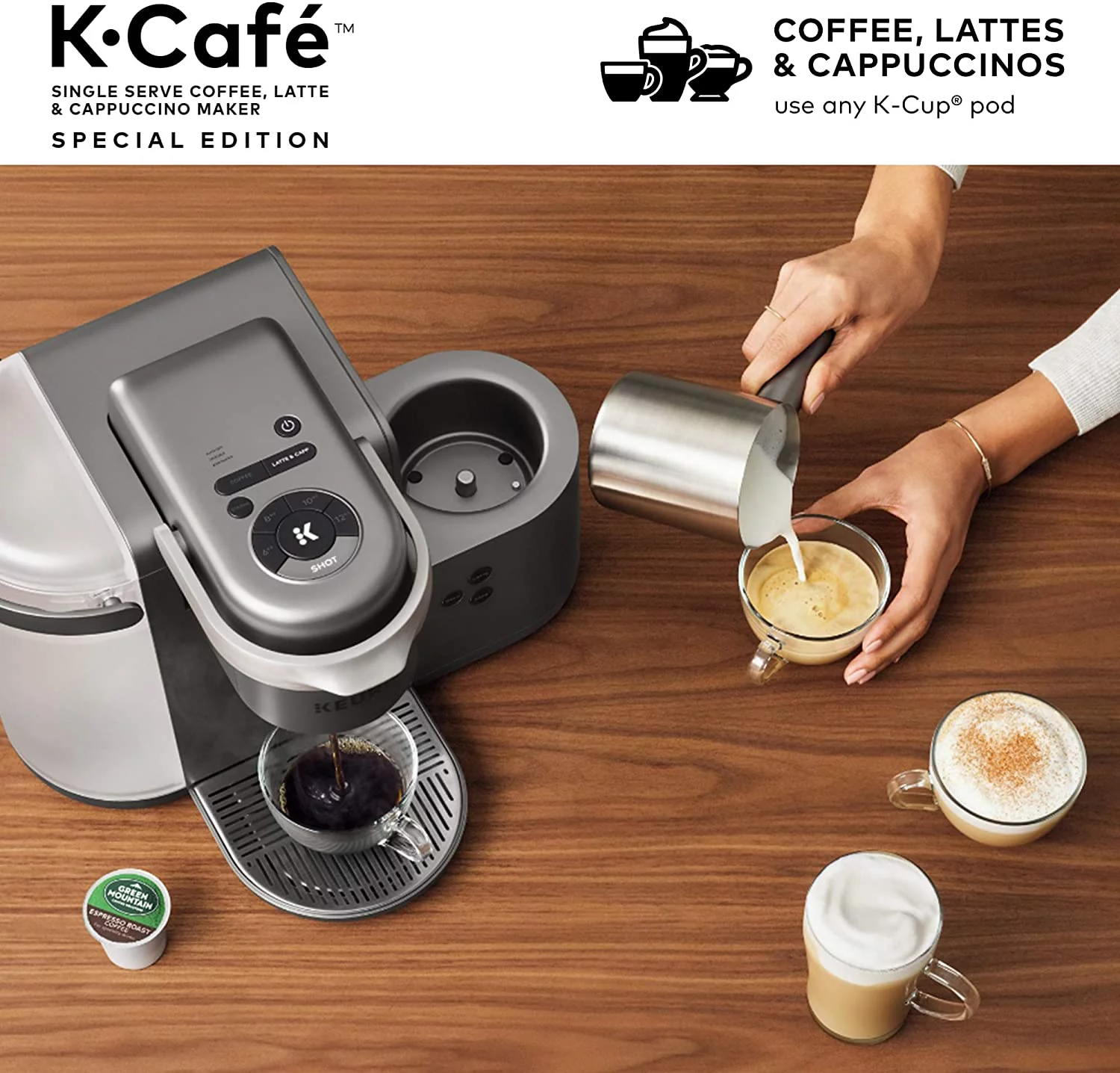 Keurig K-Cafe Special Edition Coffee Maker, Single Serve K-Cup Pod Coffee, Latte and Cappuccino Maker, Comes with Dishwasher Safe Milk Frother, Coffee Shot Capability, Nickel