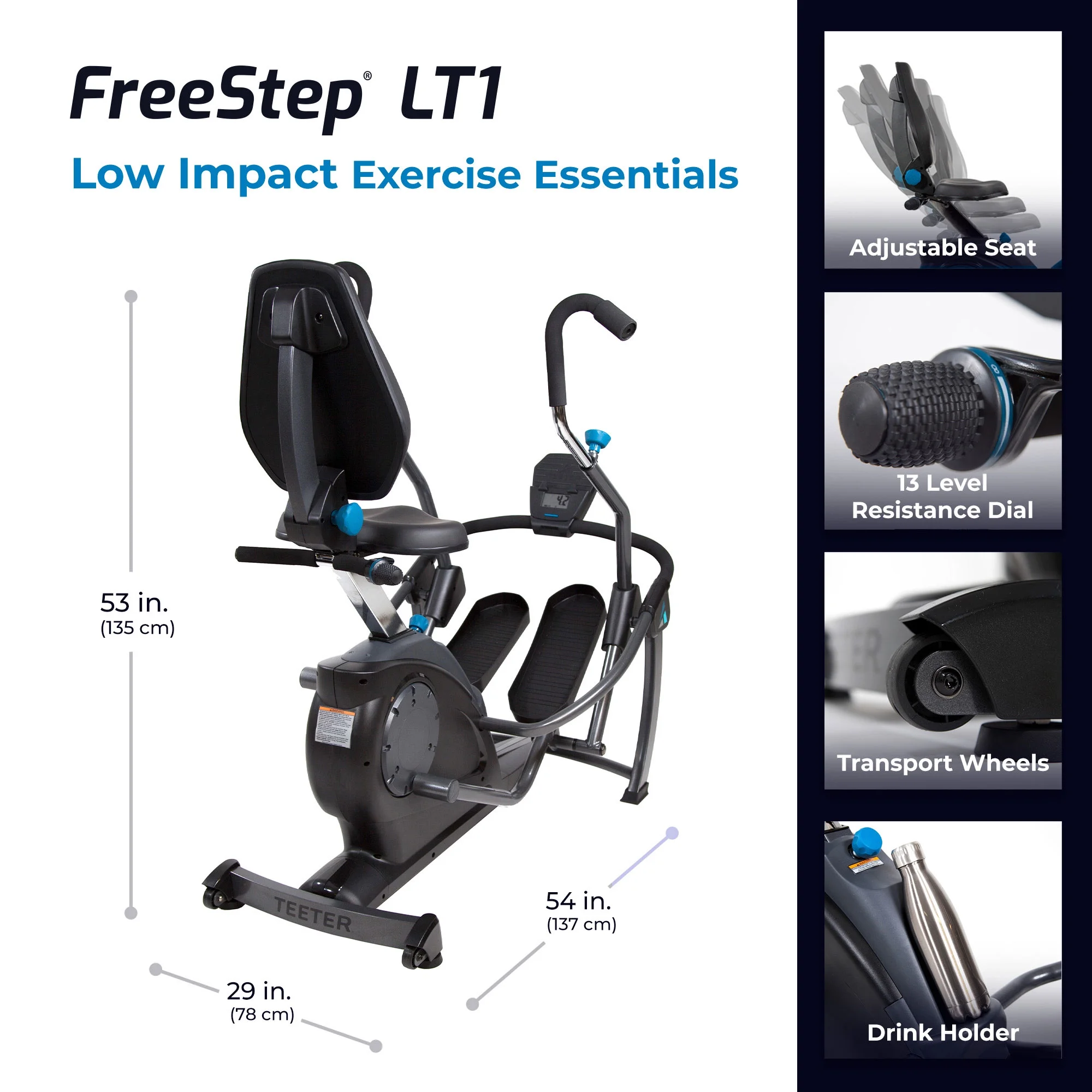 Teeter FreeStep Recumbent Cross Trainer and Cardio Elliptical, Black