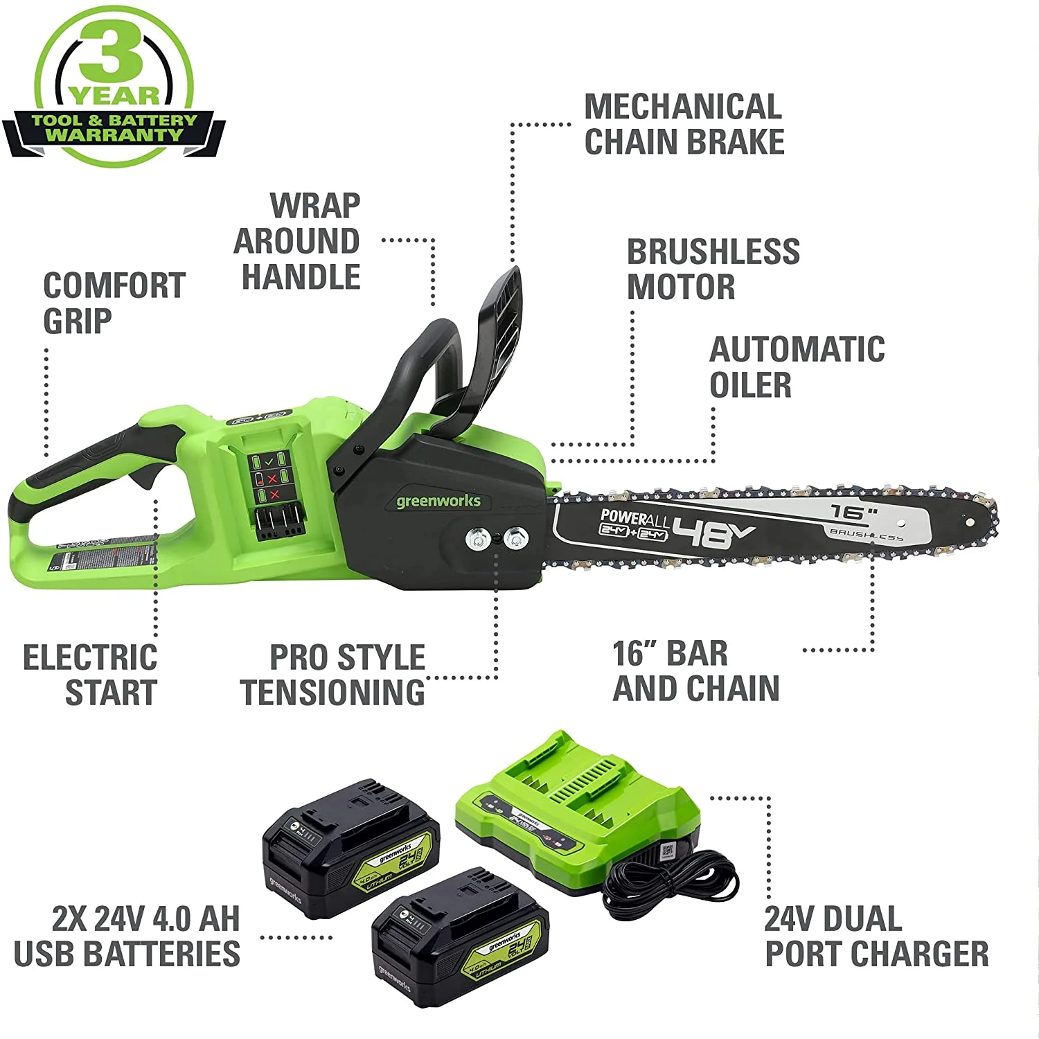 Greenworks 48V (2x24V) 16-inch Brushless Chainsaw with (2) 4Ah USB Batteries and Dual Port Charger, 2018002