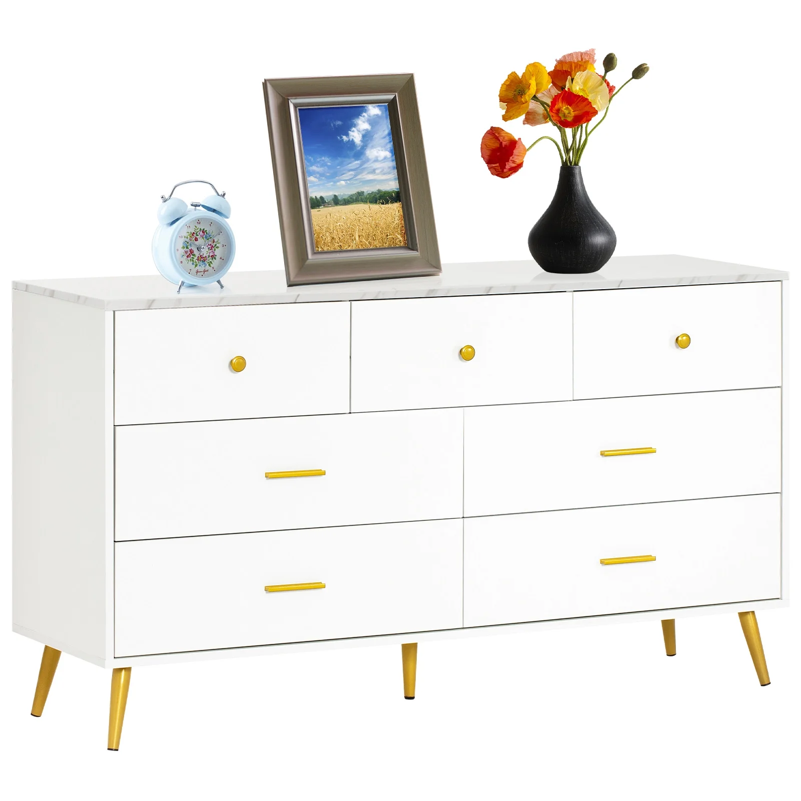 6 Drawer Dresser, Mid-Century Modern Chest Of Drawers, Double Dresser Storage Cabinet For Bedroom Living Room Hallway(White-6 Drawers)