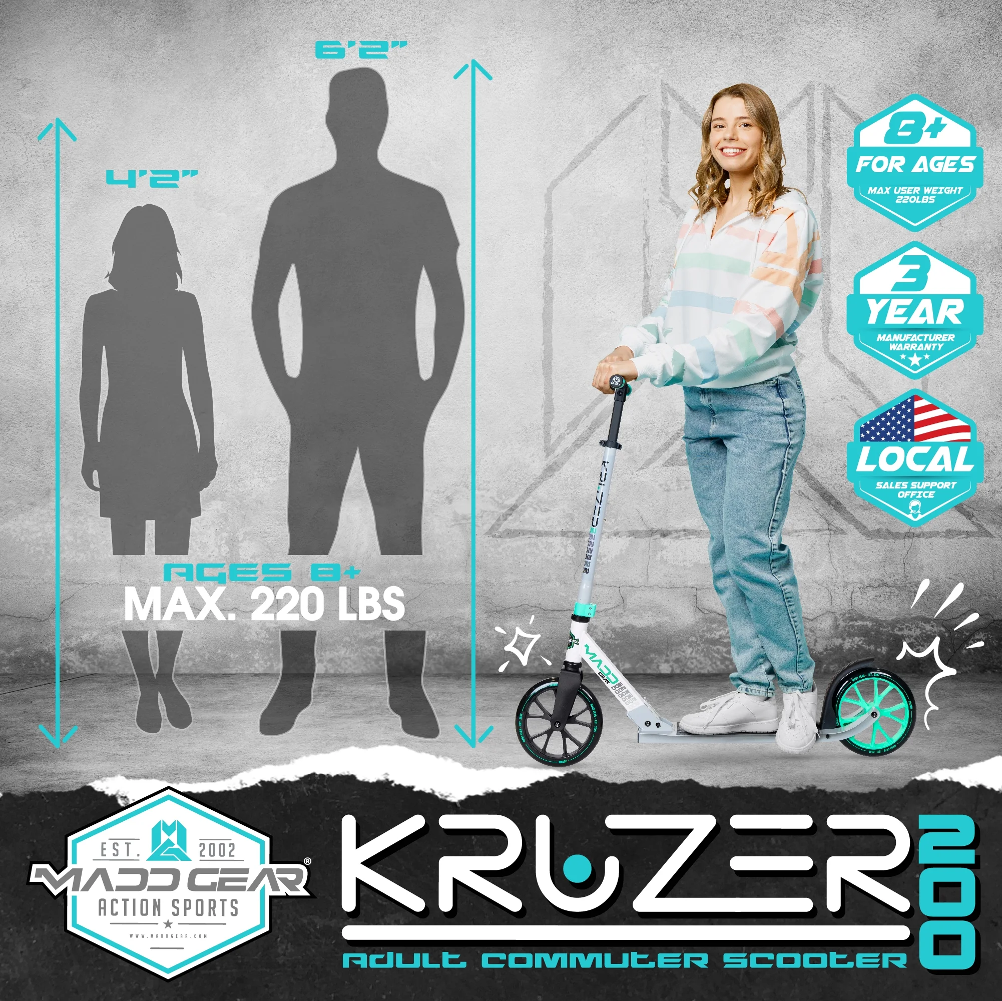 Madd Gear Kruzer 200mm Commuter Scooter – Easy Folding – Height Adjustable for Teens & Adults