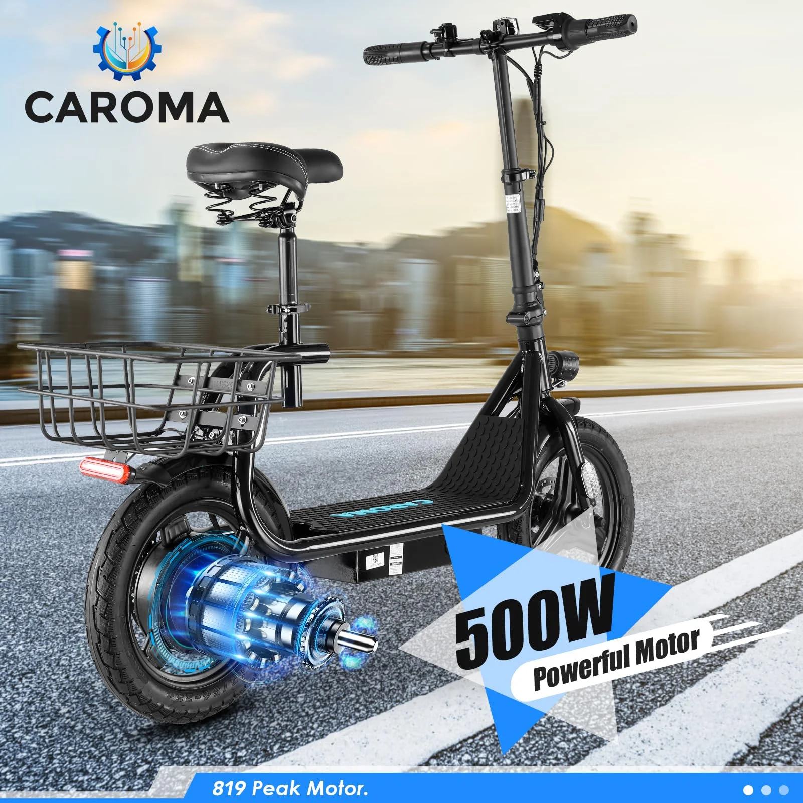 Caroma 500W Electric Scooter with Seat for Adult, 20 Mph Bike with Basket, 300lbs Max Load and 14″ Fat Tire E Mopeds