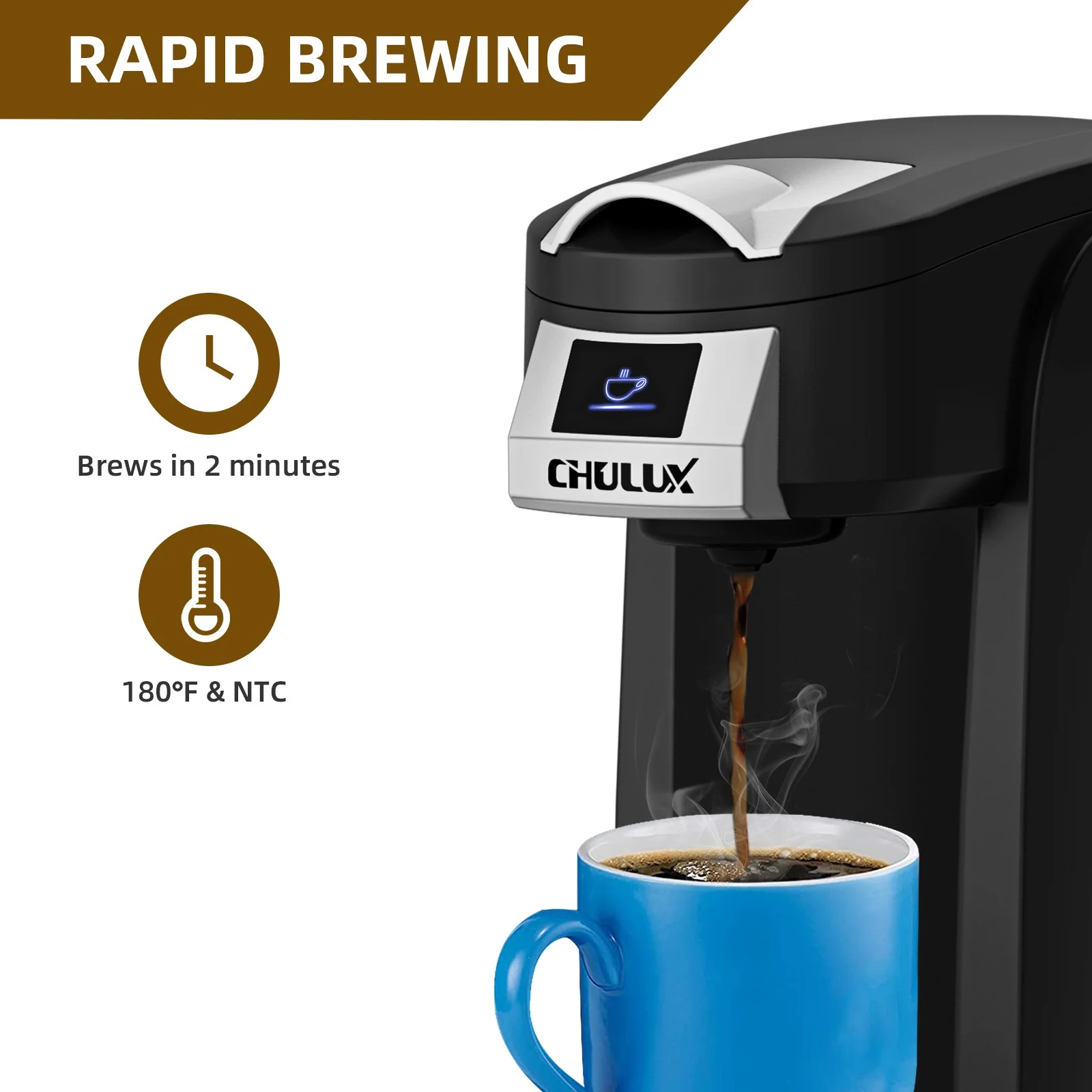 CHULUX Classic Coffee Maker One Cup, Single Serve Travel Pod Coffee Machine for K Cup & Ground Coffee, New