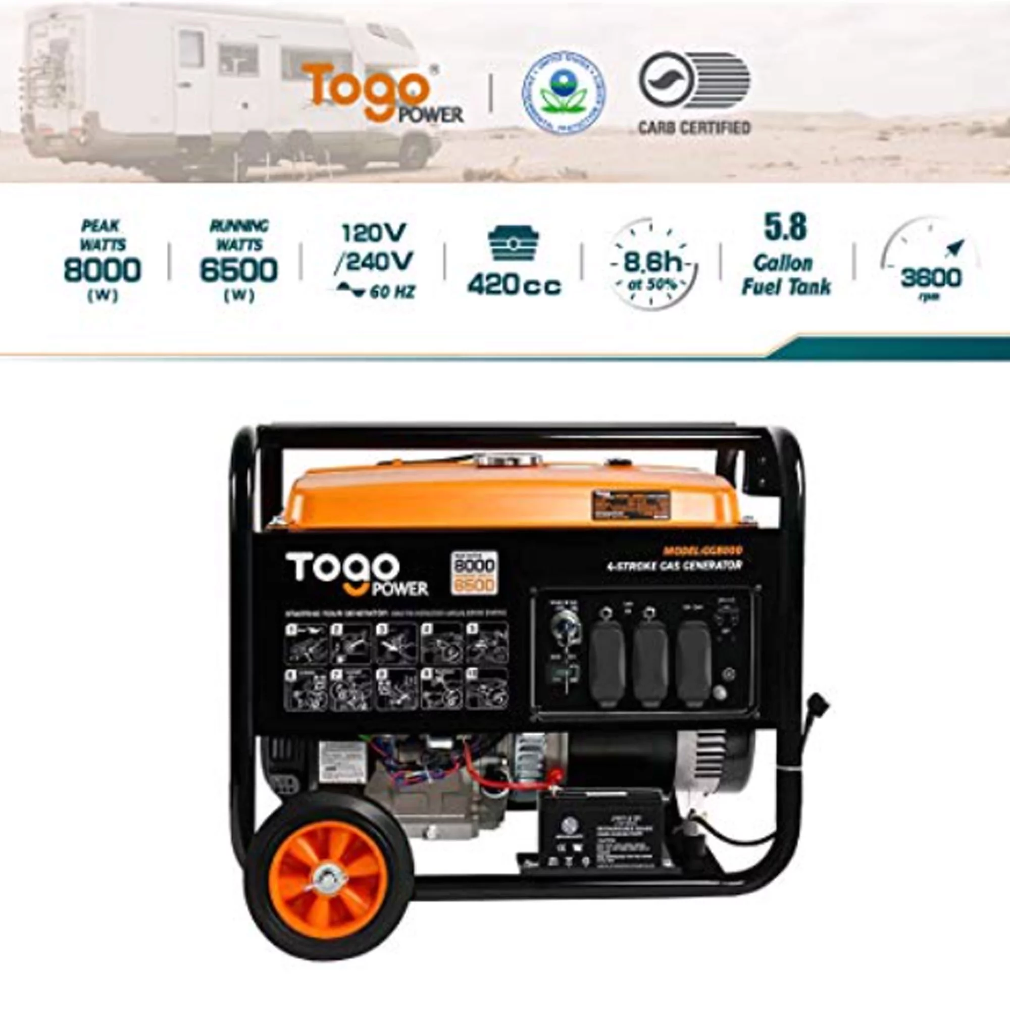 Togo Power Gasoline Powered Portable Generator 8000 Watt Electric Backup