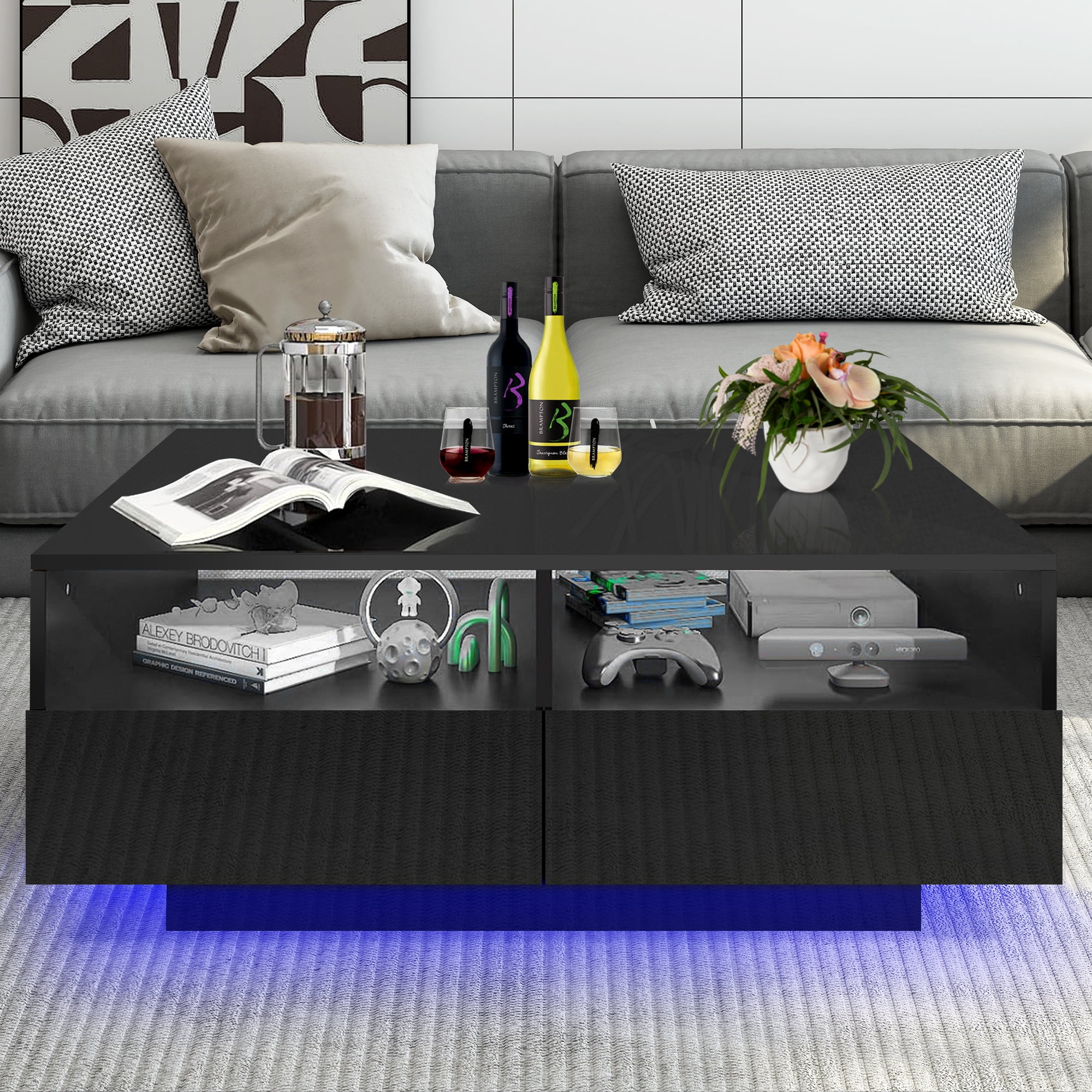 HSUNNS Black LED Coffee Table for Living Room, Modern High Glossy Center Table with 4 Drawers, Smart Cocktail Table Rectangle, Sofa Side Tea Tables with LED Lights, 40″ L??24″ W??15″ H