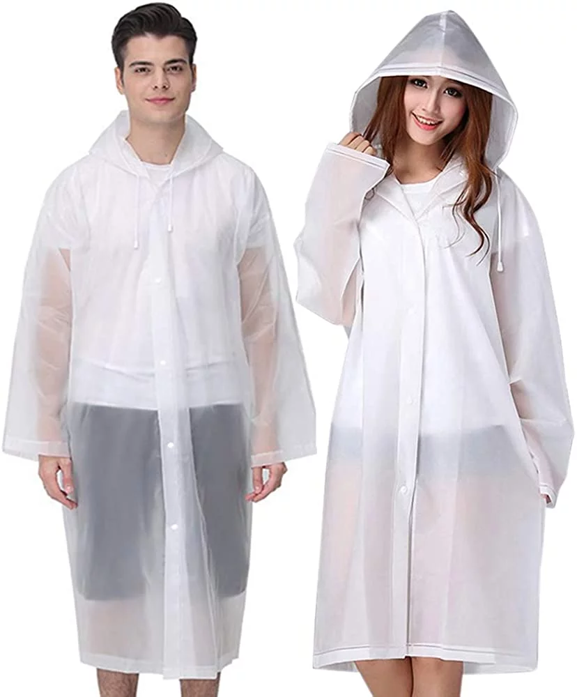 BN-LINK EVA Rain Ponchos for Adults Reusable, 2 Pack Raincoats Emergency for Women Men with Hood and Drawstring, White