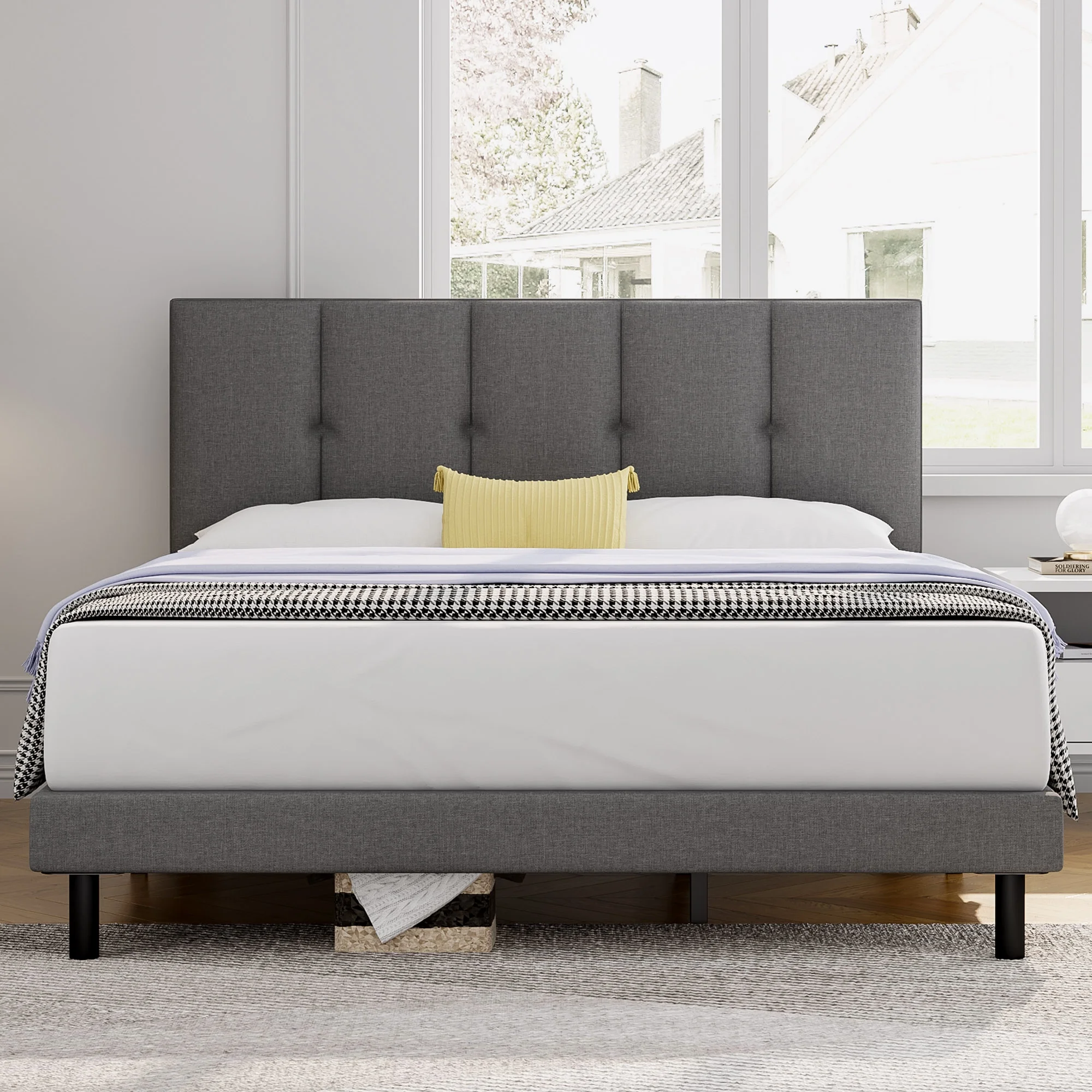 Queen bed, HAIIDE Queen Size Platform Bed Frame with Fabric Upholstered Headboard, No Box Spring Needed, Dark Grey