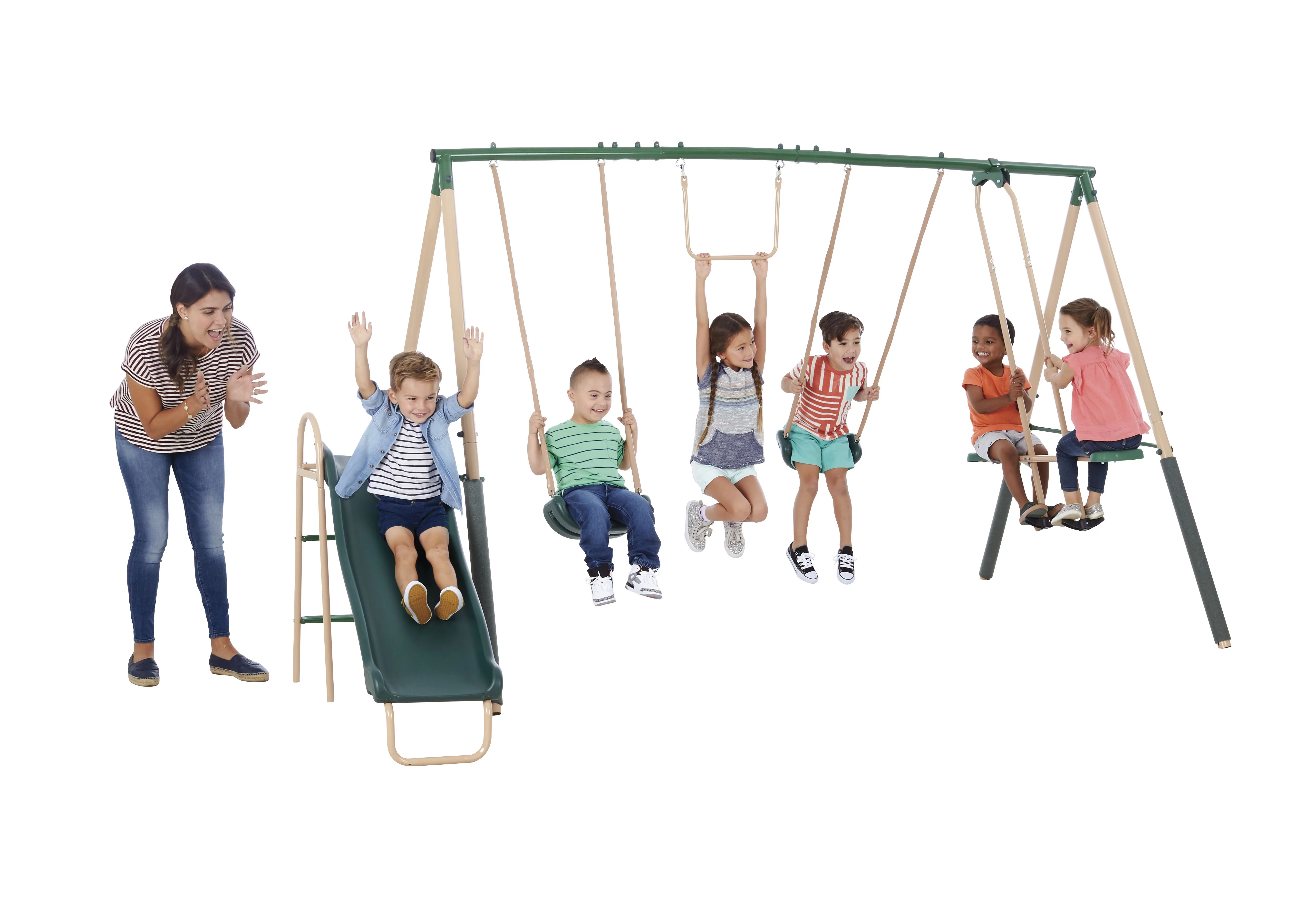 XDP Recreation Central Park Metal Swing Set with 2 Swing Seats, Trapeze Bar, Fun Glider for 2, & Wave Slide