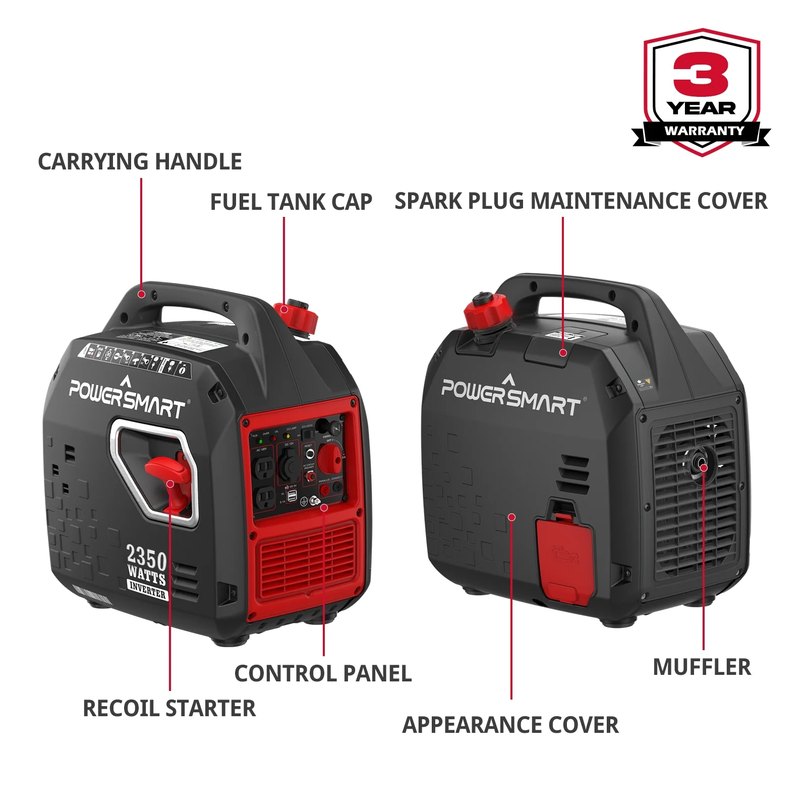 PowerSmart 2350W Portable Inverter Gas Generator .Super Quiet .Low Oil Shutdown, Ultra Lightweight for Camping