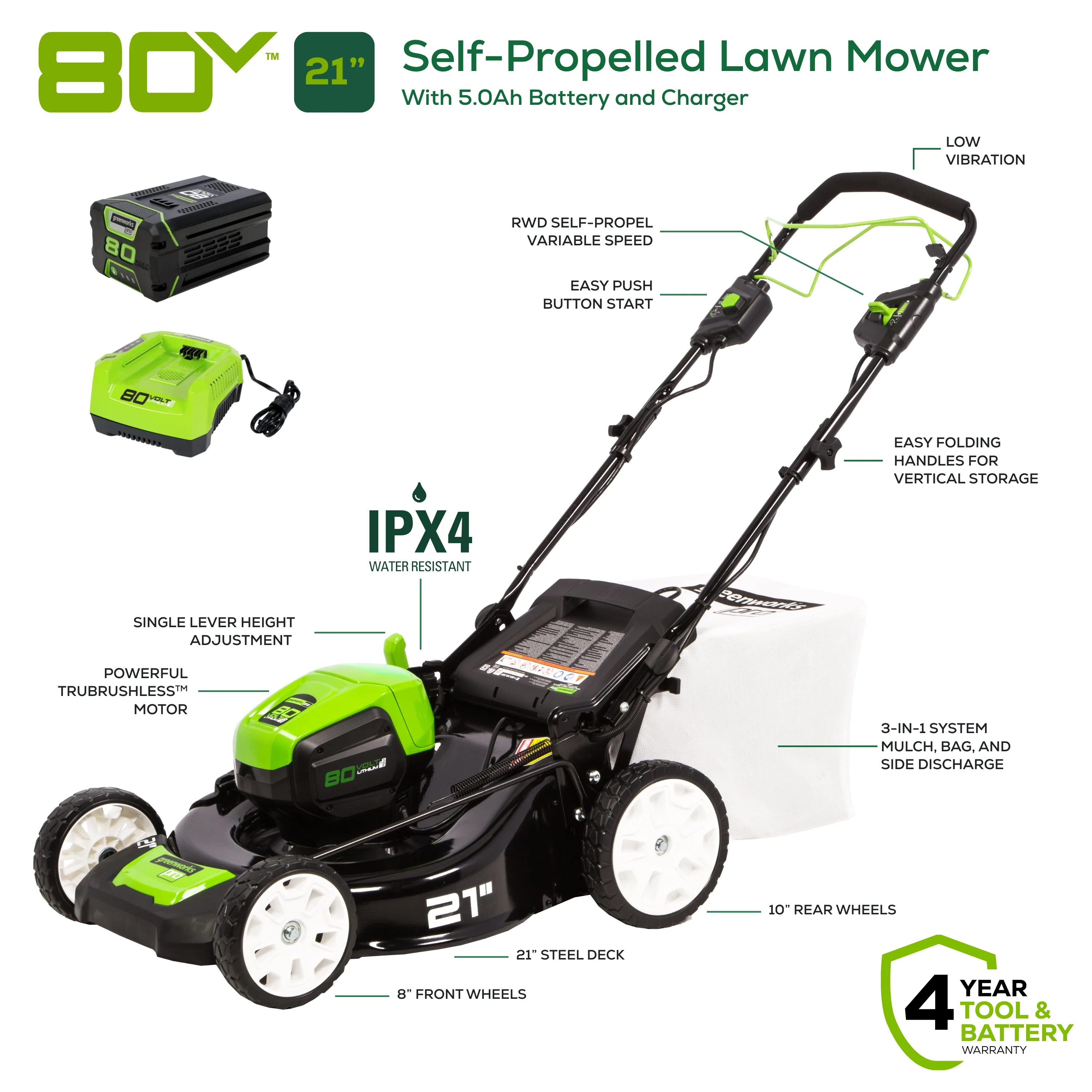 Greenworks 80V 21″ Self Propelled Mower 5Ah Battery & Charger 2502402NV