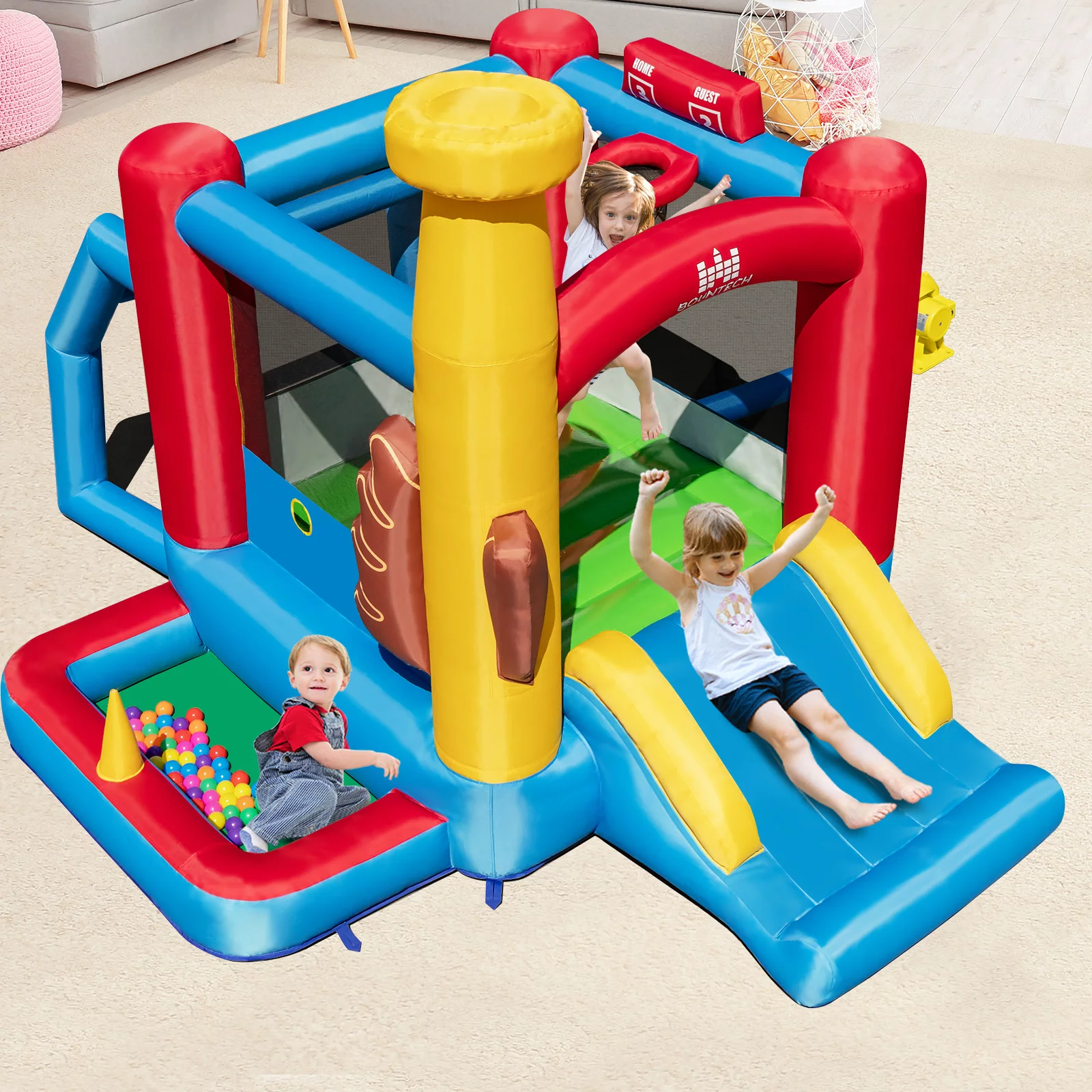 Topbuy Inflatable Bounce House with 480W Air Blower Bouncer Playhouse Castle with Slides Jump Area Ocean Ball Pit Basketball Hoop