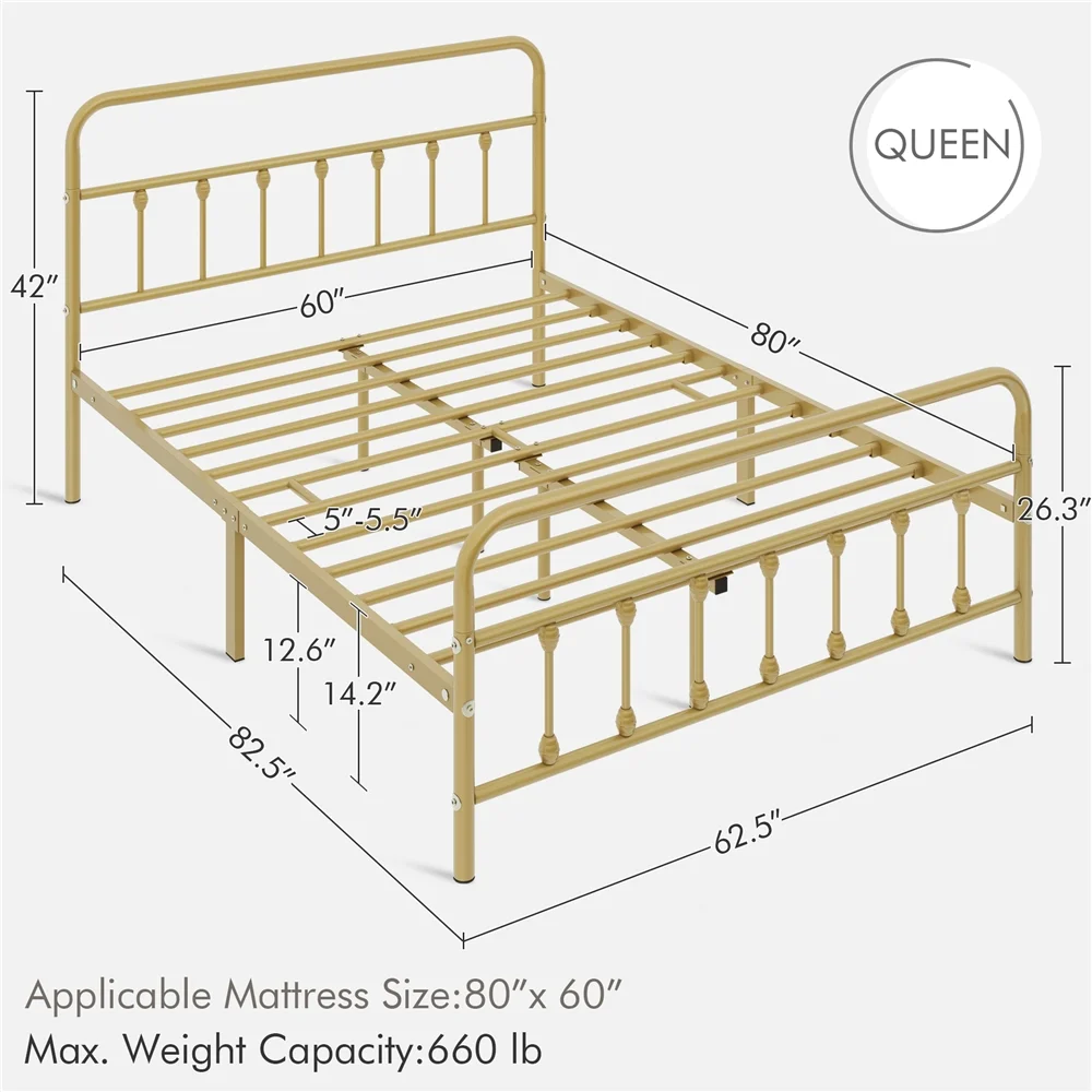 Smile Mart Metal Platform Queen Bed with High Headboard, Black