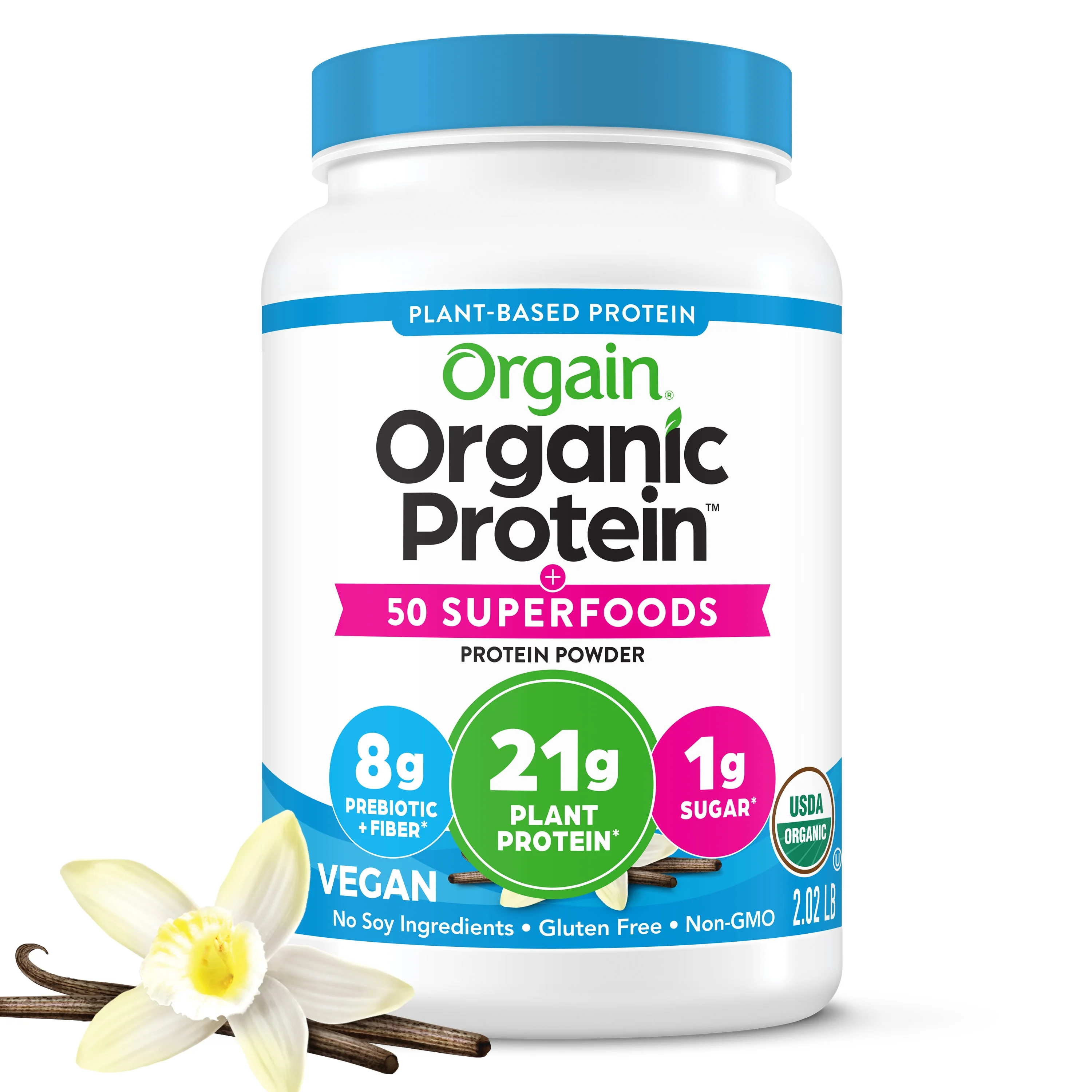 Orgain Organic Plant Based Protein + Superfoods Powder, Vanilla Bean, 21g Protein, 2.02 lb