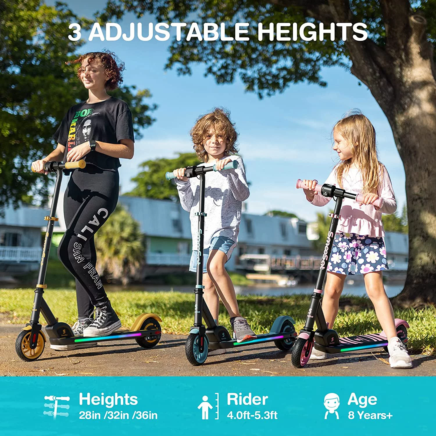 SmooSat Foldable Electric Scooter for Kids with Wireless Music Speaker, Colorful LED Lights and Display, 3 Speeds 5/8/10 MPH and Adjustable Height E-Scooter, Ideal Gift for Kids Age 8+