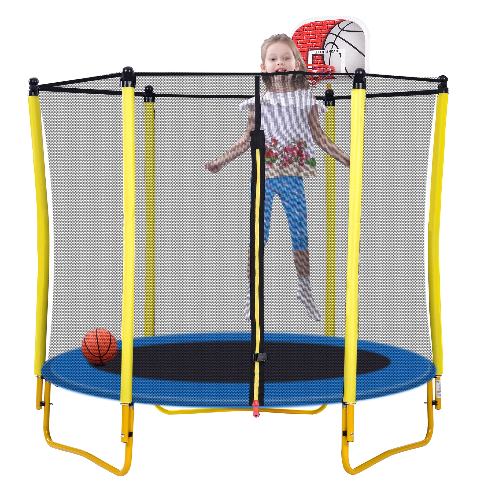 Zarler Trampoline for Kids with Basketball Hoop Rubber Ball and Safety Enclosure Net 5.5FT Mini Toddler Trampoline