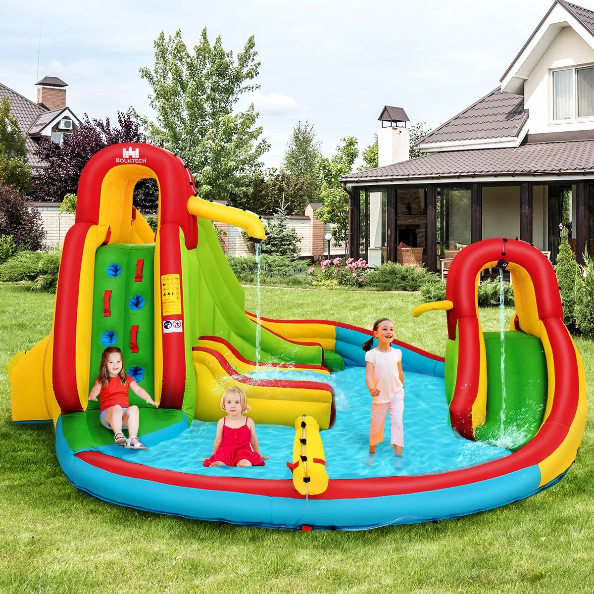 Kids Inflatable Water Slide Park with Climbing Wall Water Cannon and Splash Pool