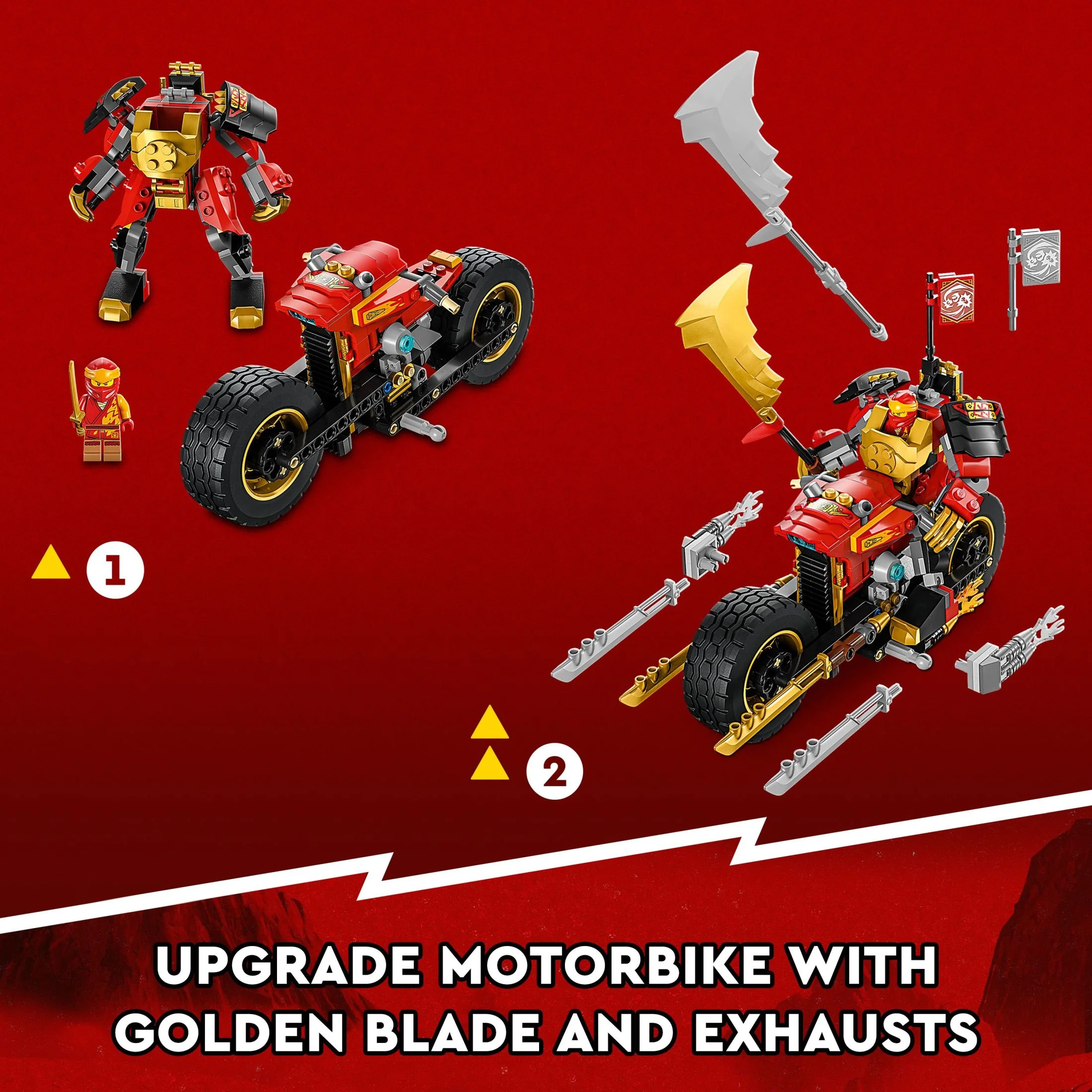 LEGO NINJAGO Kai’s Mech Rider EVO 71783, Upgradable Ninja Motorbike Toy, Mech Action Figure and 2 Bone Warrior Minifigures, Toys for Kids 7 Plus Years Old