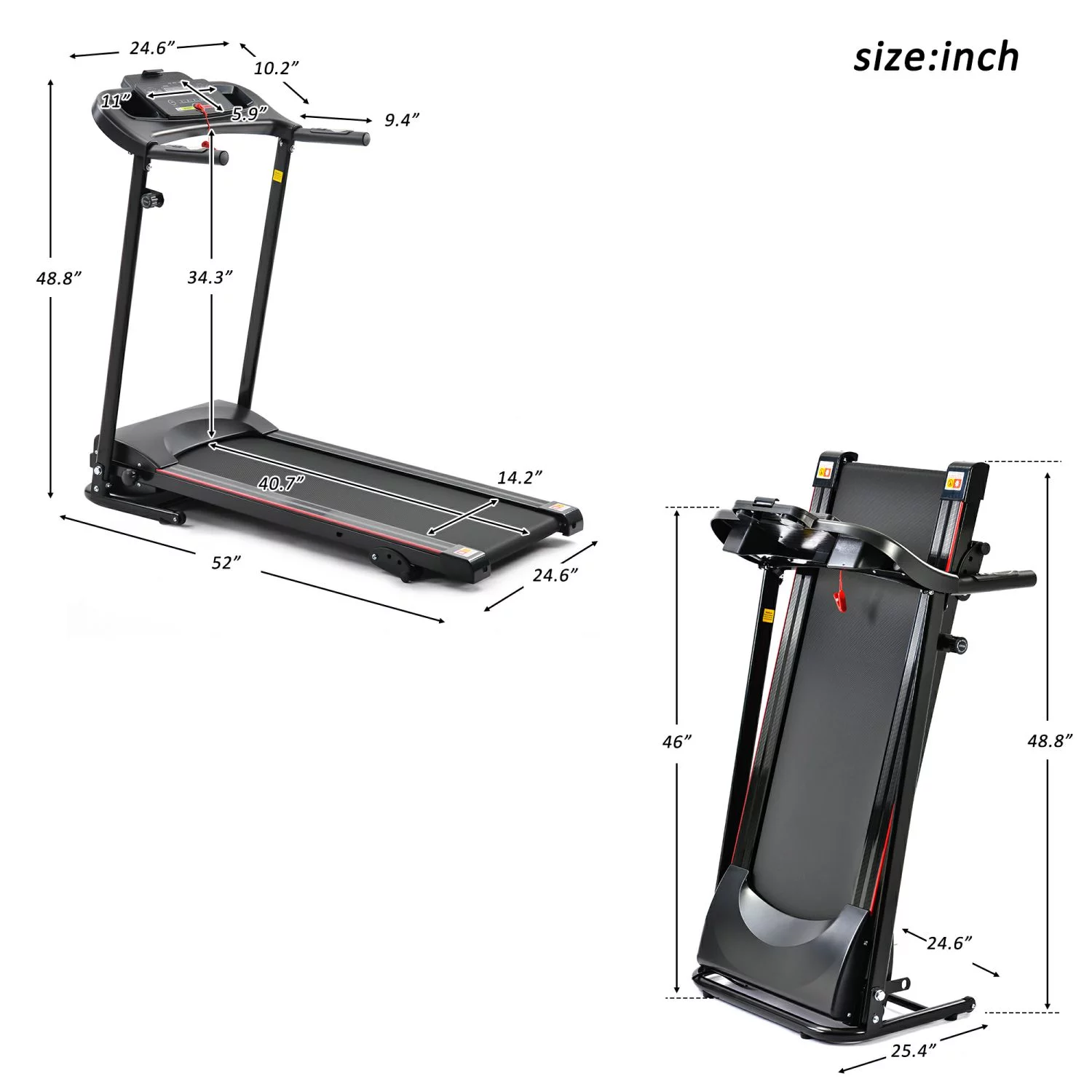 Foldable Electric Treadmill Running Machine for Home Black with 3 Manual Inclines, 5″ Lcd Display, Ipad Holder and Low Noise Motor, 40.7″L x14.2″W