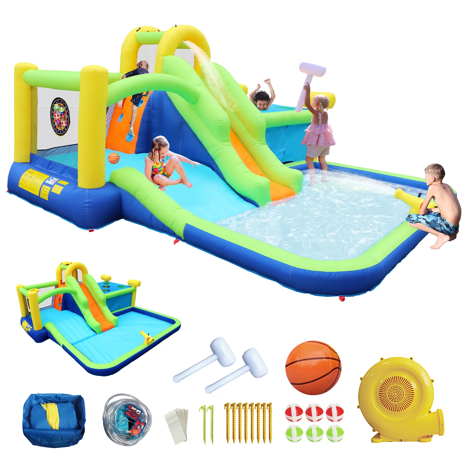 Track 7 Inflatable Water Park,7 in 1 Inflatable Bounce House Slide Long Slide Water Park with Whack a Mole Games & Splash Pool & Target Games & Water Gun & Climbing Wall & Basketball & Air Blower