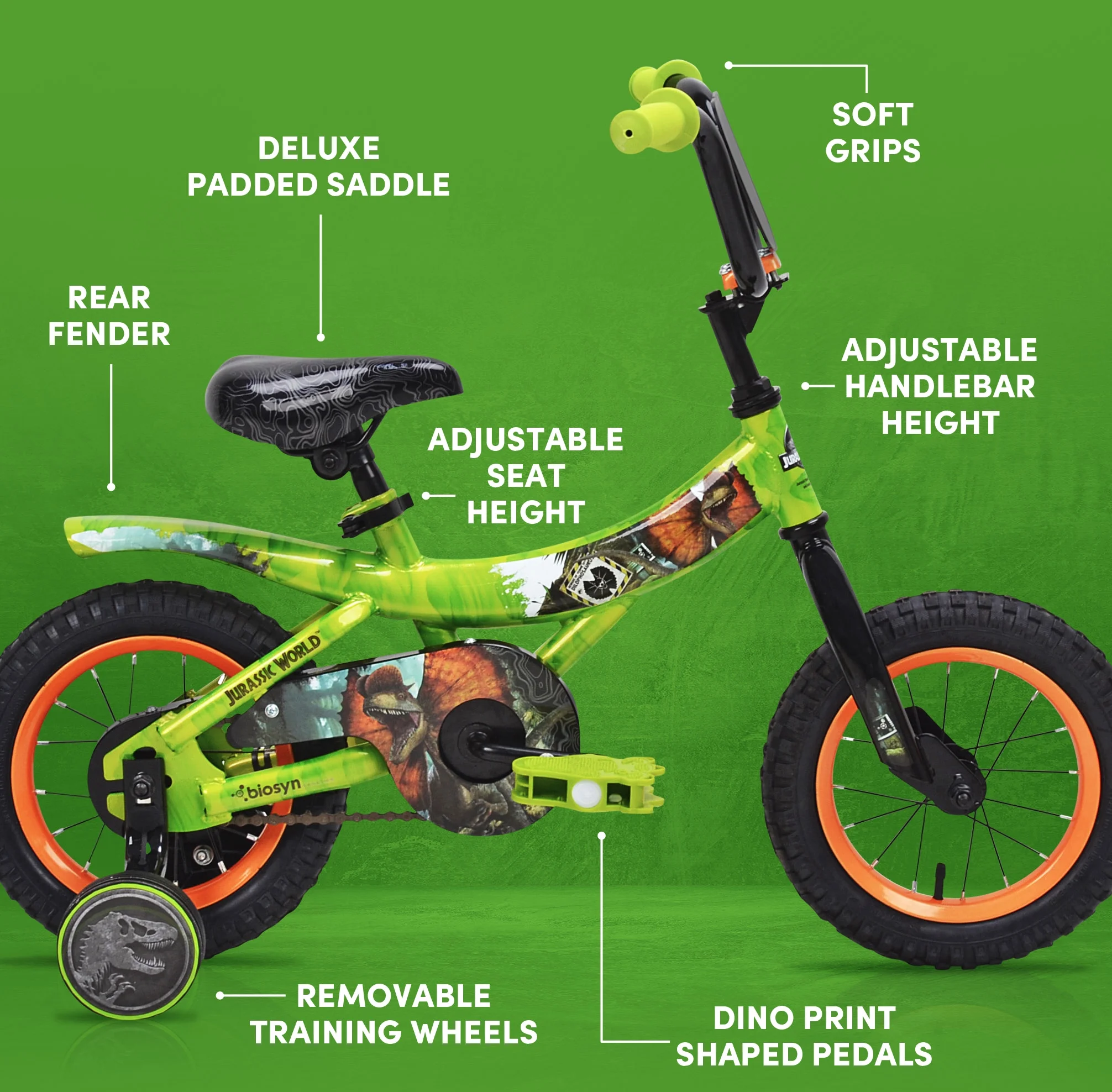 Jurassic World 12-inch Raptor Boy’s Bicycle with Training Wheel, Green and Orange