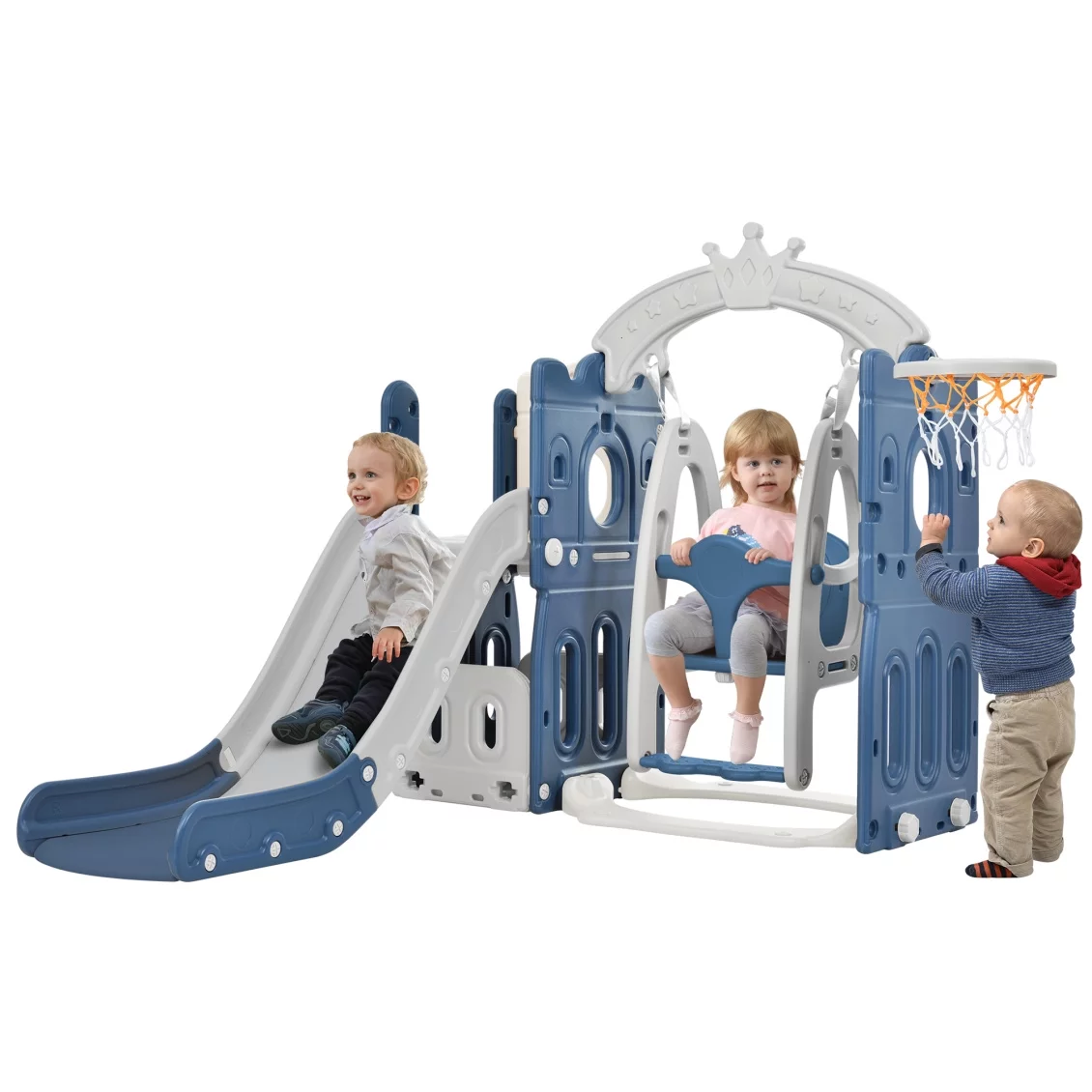 5-in-1 Toddler Slide and Swing Set, Indoor Outdoor Slide Climber Bus Playset with Basketball Hoop Freestanding Combination, Kids Playground Climber Slide Playset, Outdoor Playground Slide, Gray