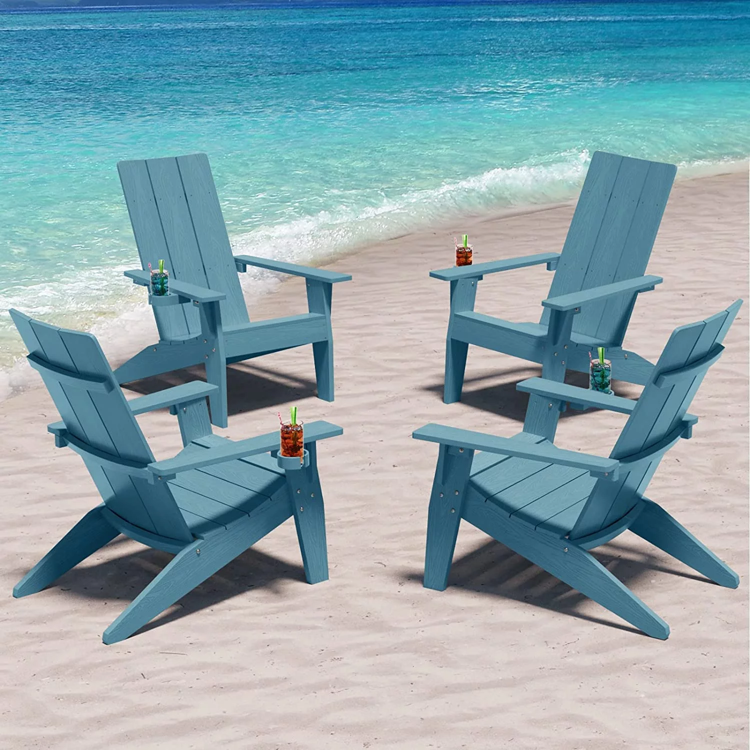 WINSOON All Weather HIPS Adirondack Chair with Cup Holder, Outdoor Patio Chair set of 4, Black Finish