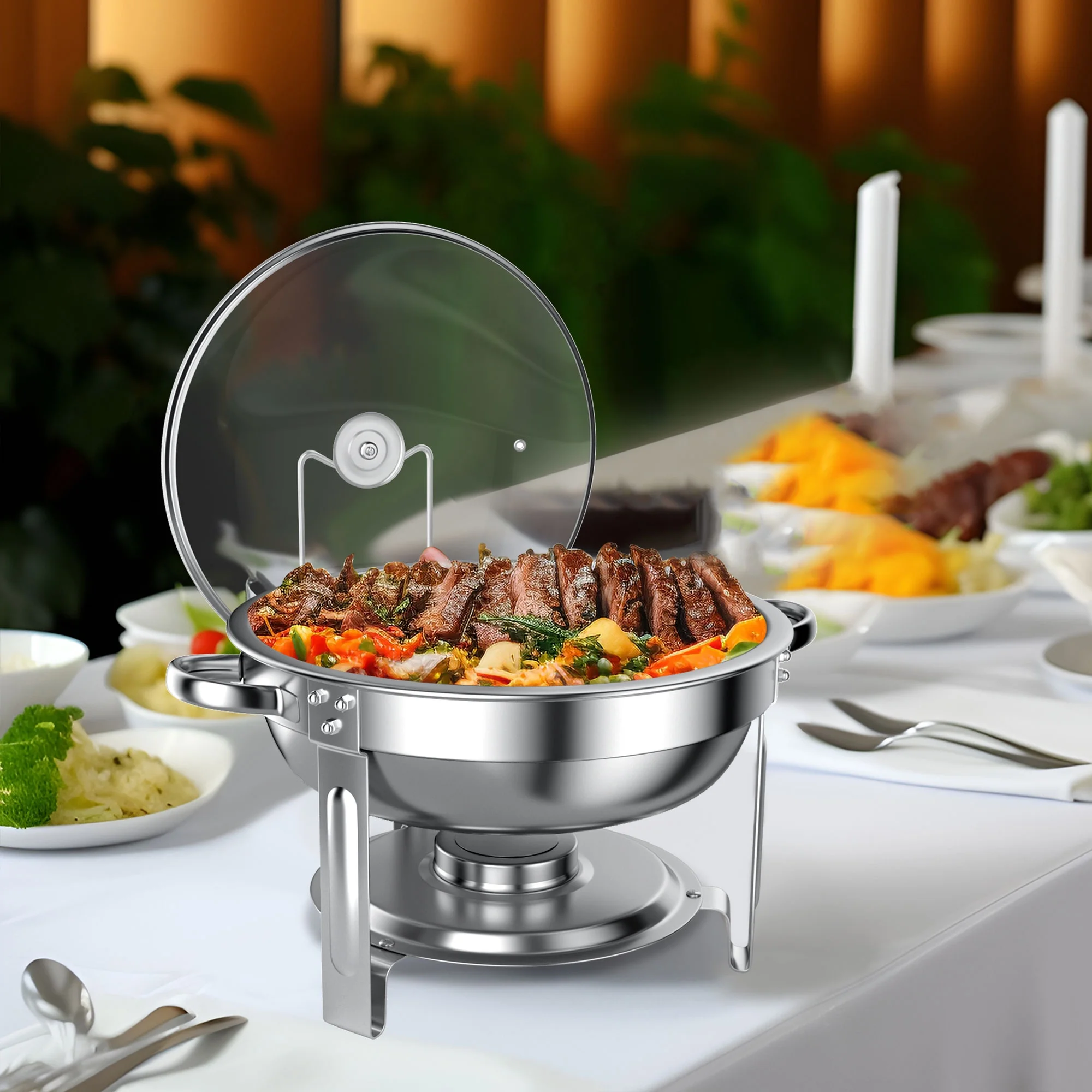 Chafing Dish Buffet Set 2 Pack, TINANA 5QT Stainless Steel Chafing Dishes for Buffet with Glass Lid & Lid Holder, Round Chafers and Buffet Warmers Sets for Parties, Events, Wedding, Camping, Dinner