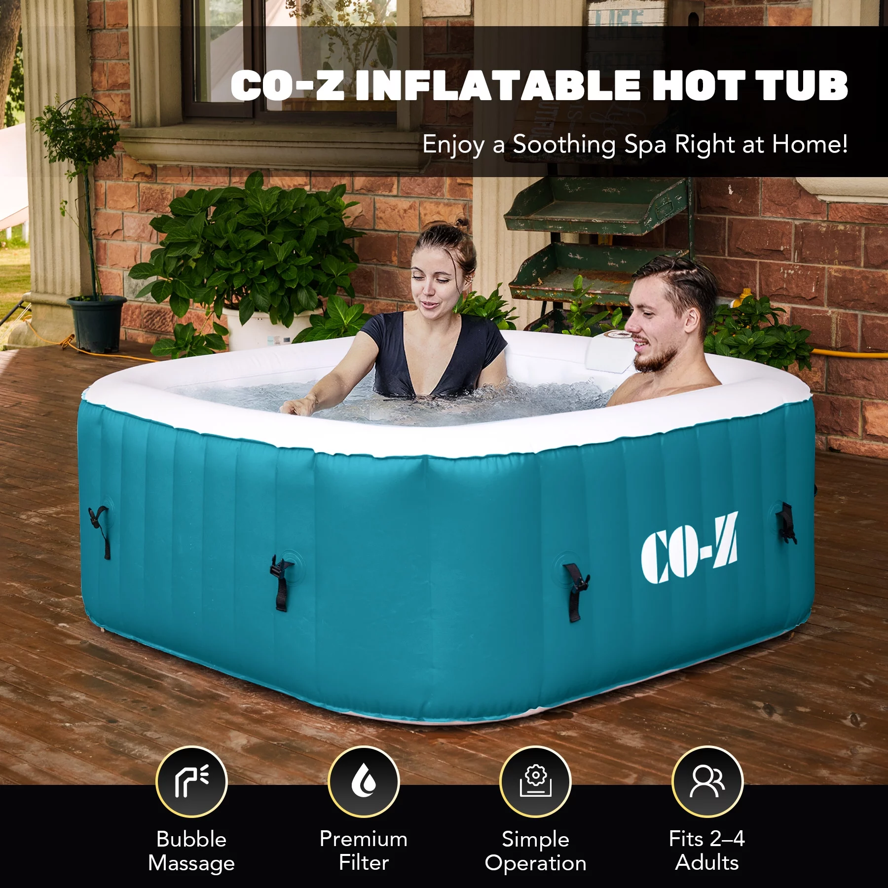 CO-Z 4 Person 5ft Inflatable Hot Tub Pool with Massage Jets and All Accessories Teal