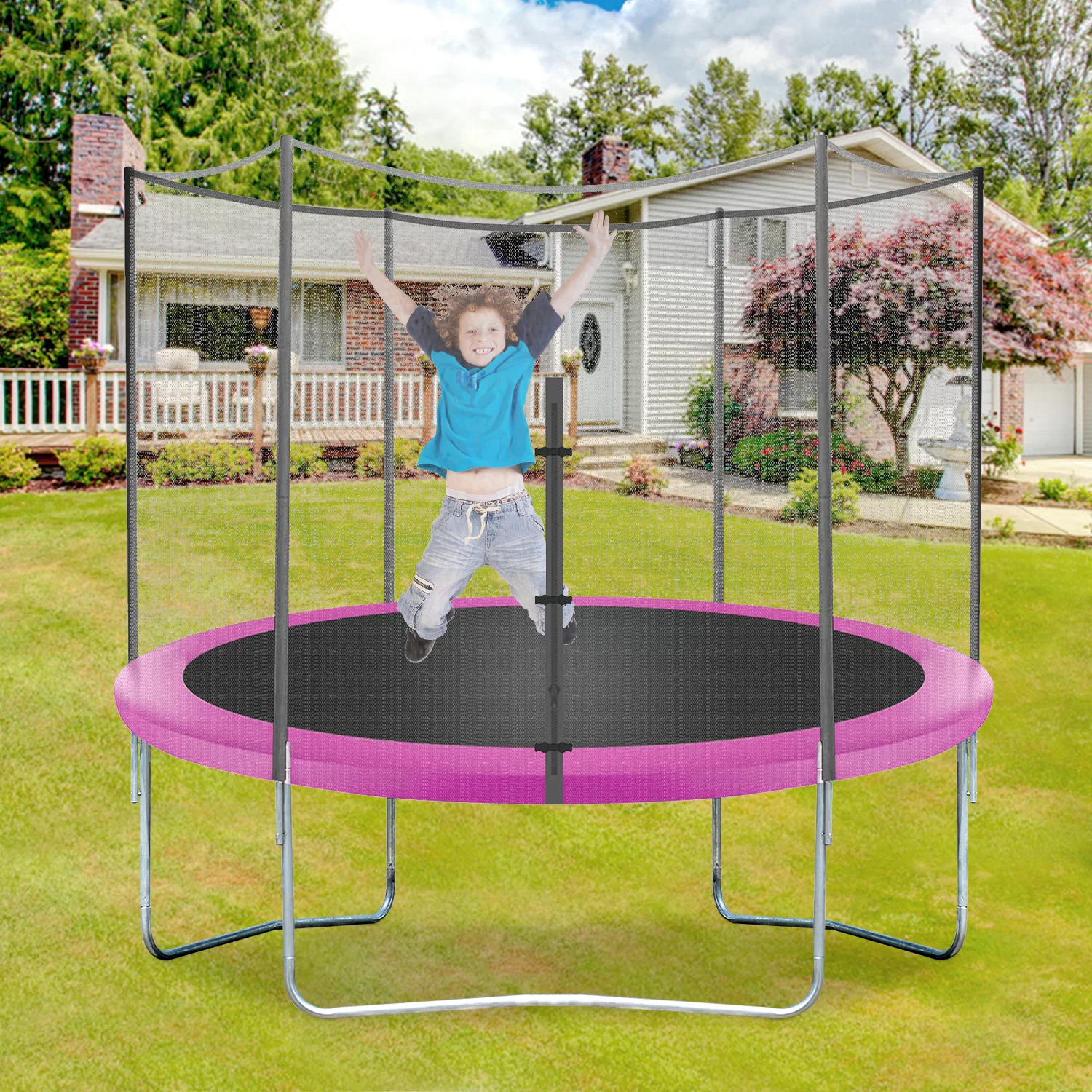 NiamVelo 10 ft Trampoline with Safety Enclosure Net ,Outdoor Jump Round Trampoline with PVC Spring Cover Padding for Kids , Blue