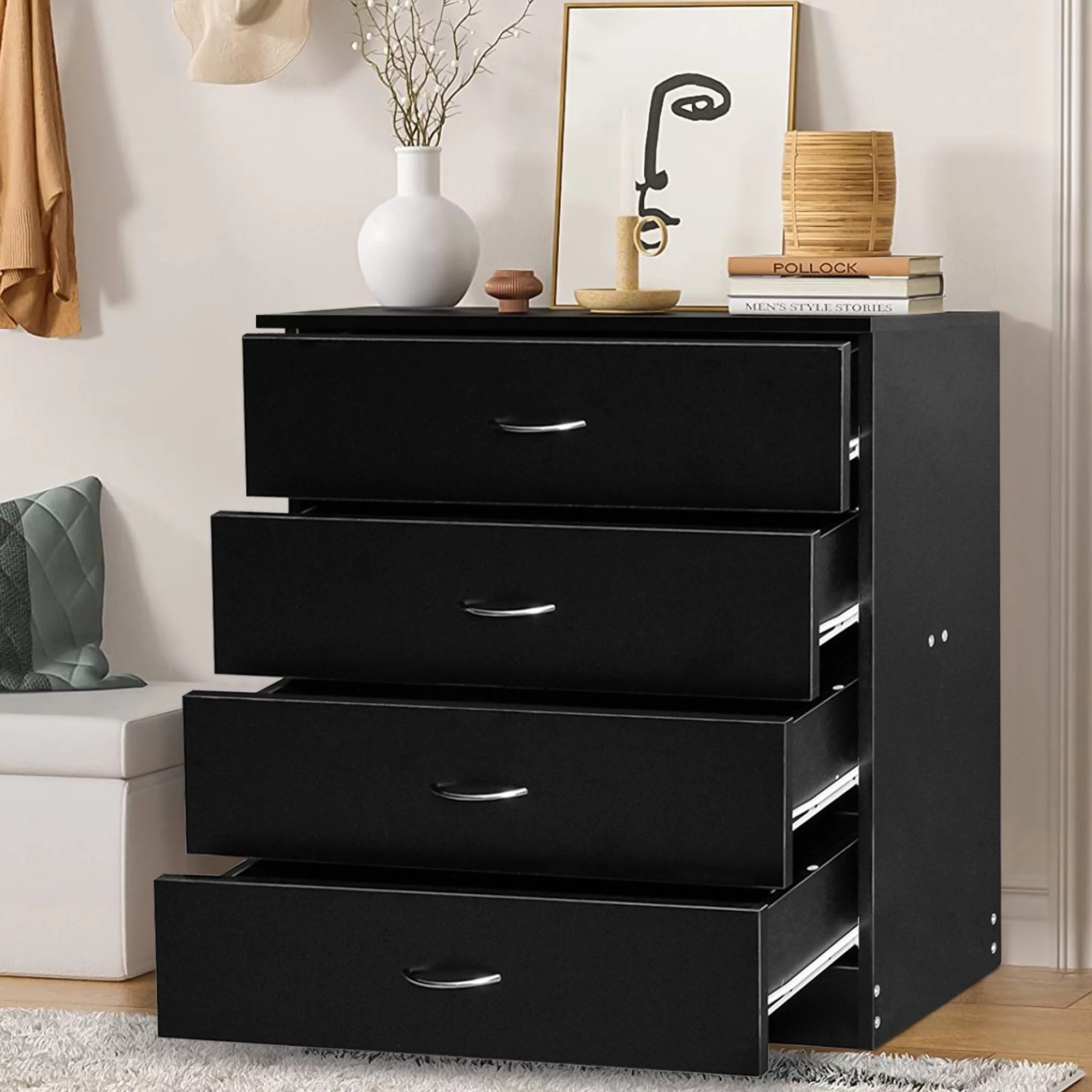 SYNGAR Modern Black 4 Drawer Dresser, Chest of Drawers for Bedroom, Storage Cabinet Dresser Organizer Unit with Handle for Living Room, Closet, Hallway, Nursery