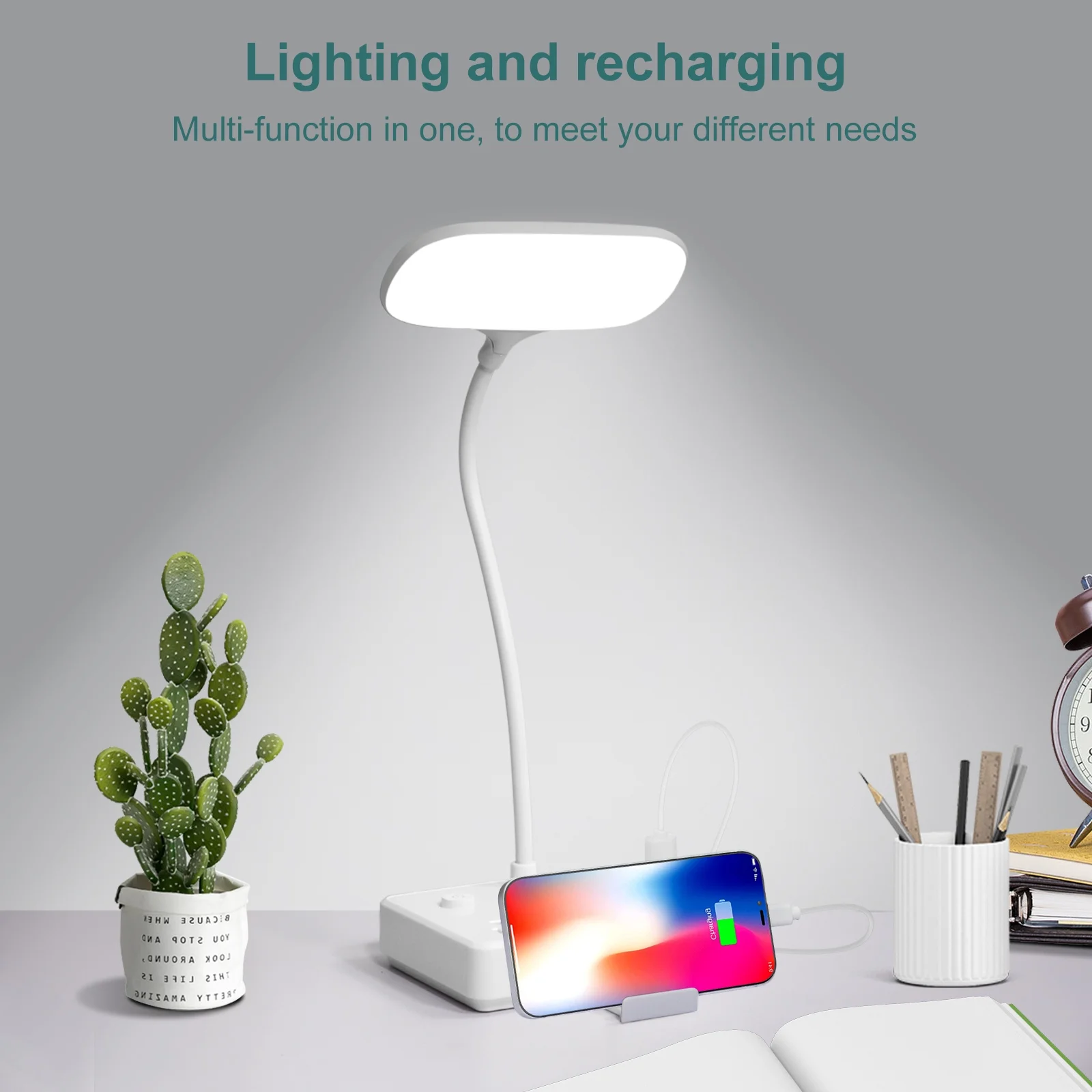 LED Desk Lamp with 2 USB Charging Port and 4 AC Outlets, 2 Color Temperatures and 4ft Extension Cord for reading, Working, Studying